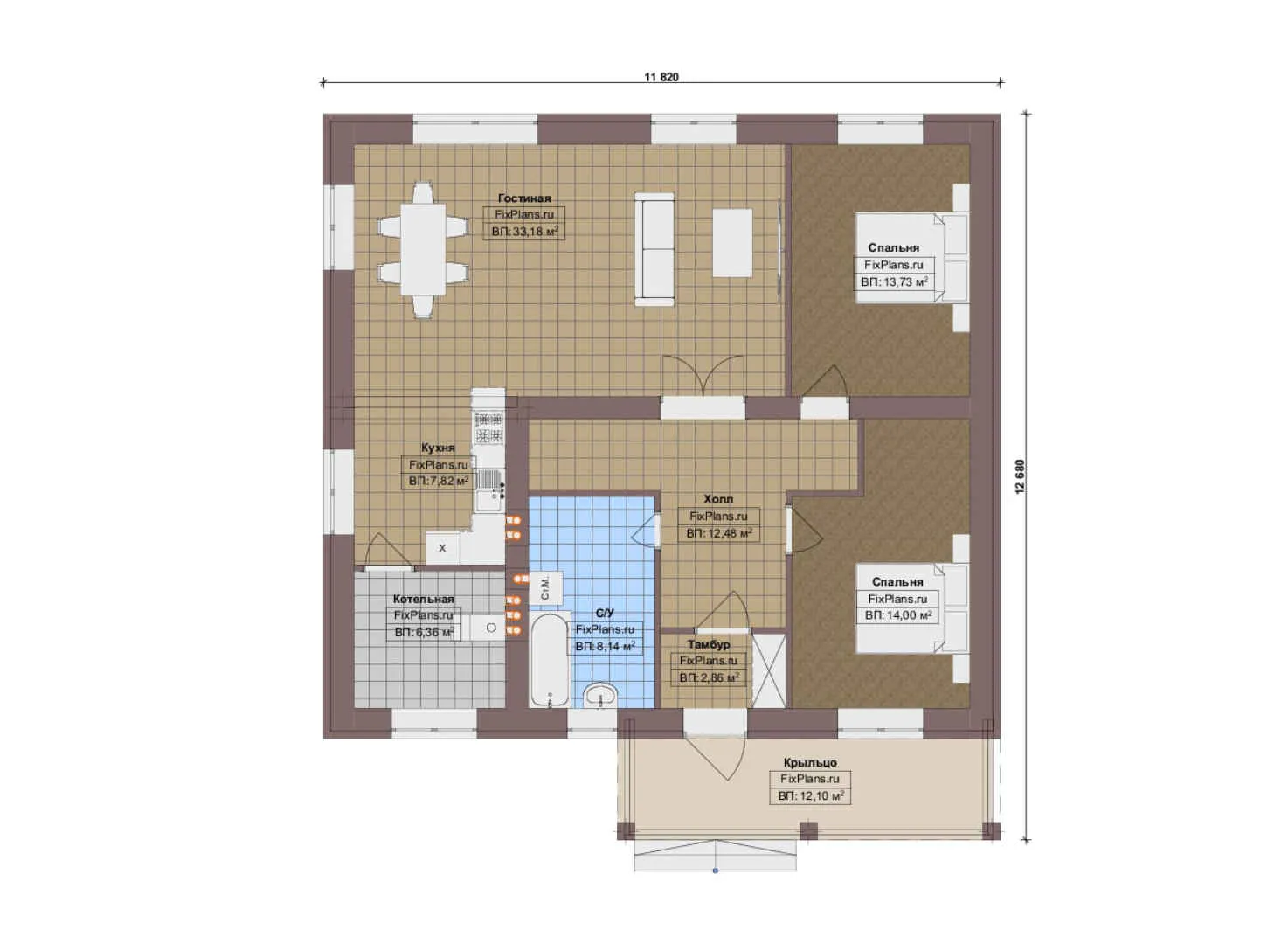 F-18296 - План одноэтажного дома 12 на 13, площадью 120 м² с 2 спальнями