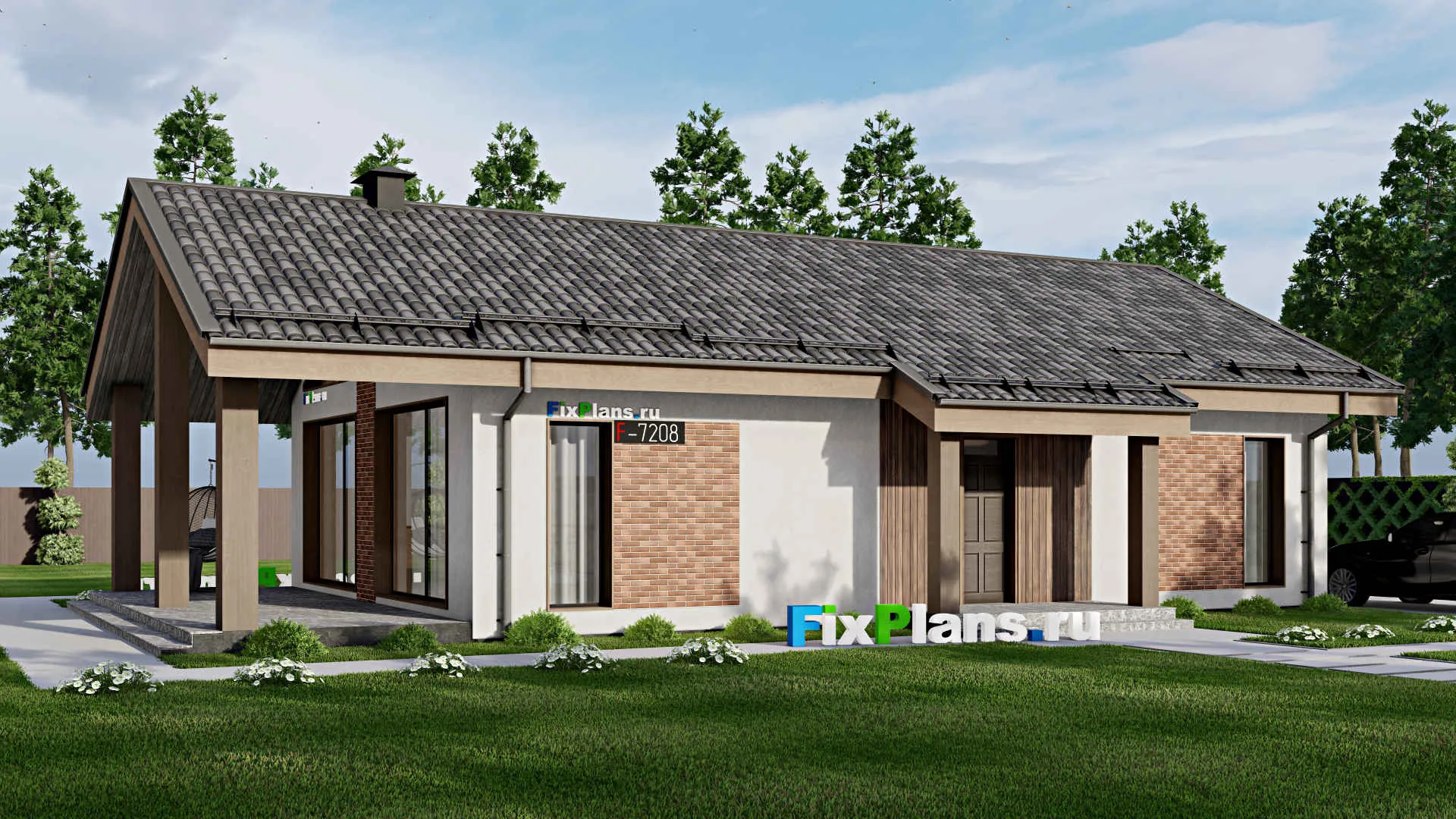F-7208 - Проект одноэтажного дома 12 на 18, площадью 150 м² с террасой и 2 спальнями