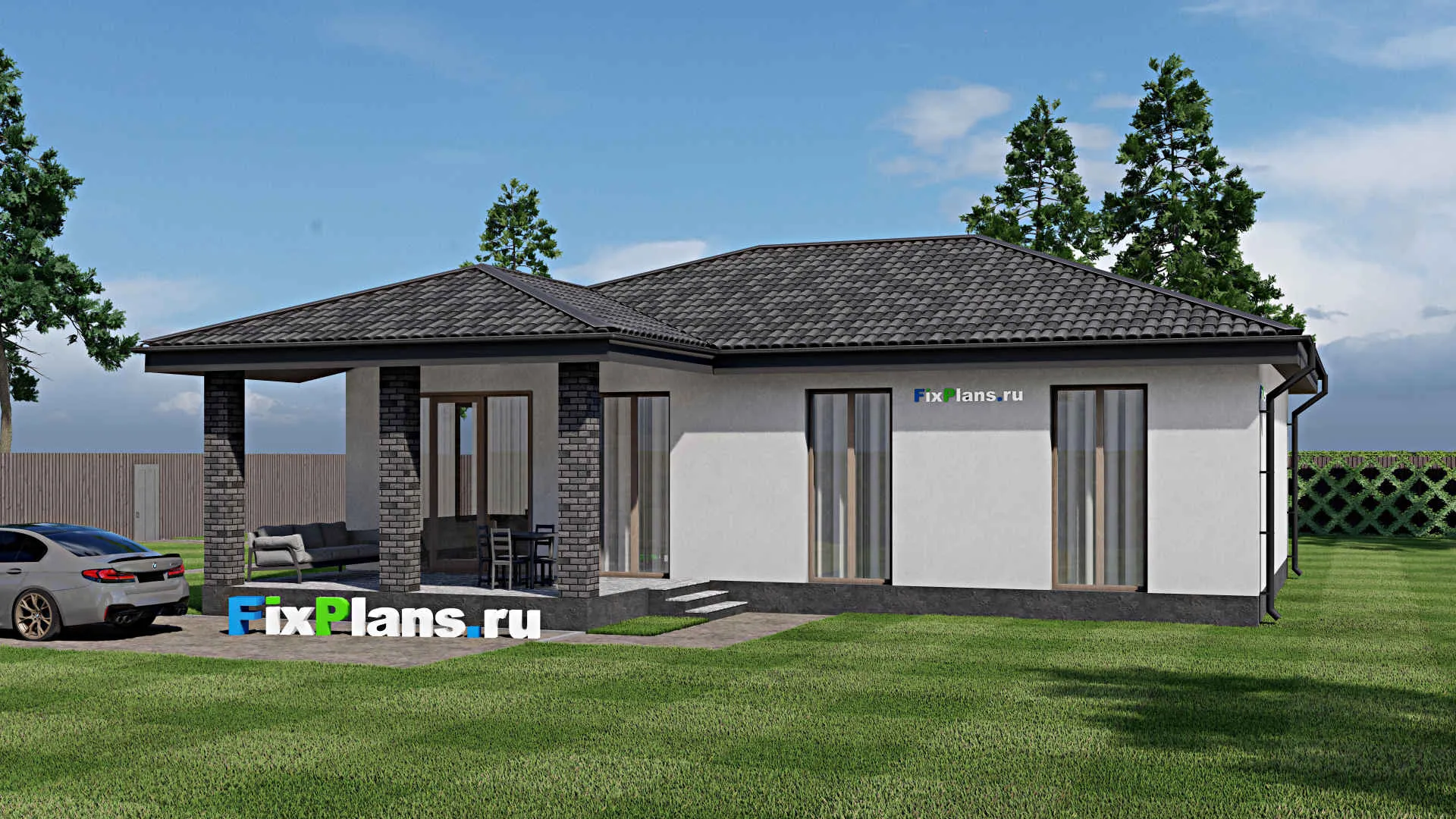 F-1727 - Проект одноэтажного дома 10 на 15, площадью 140 м² с террасой и 3 спальнями