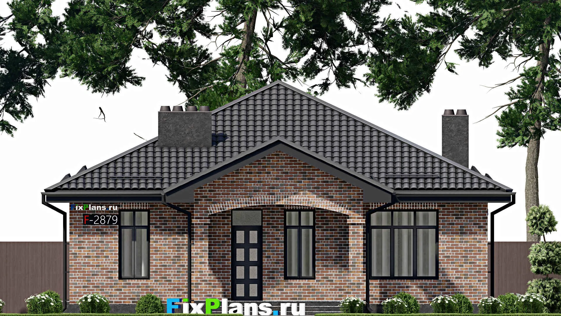 F-2879 - План одноэтажного дома 12 на 15, площадью 140 м² с террасой, баней и 2 спальнями