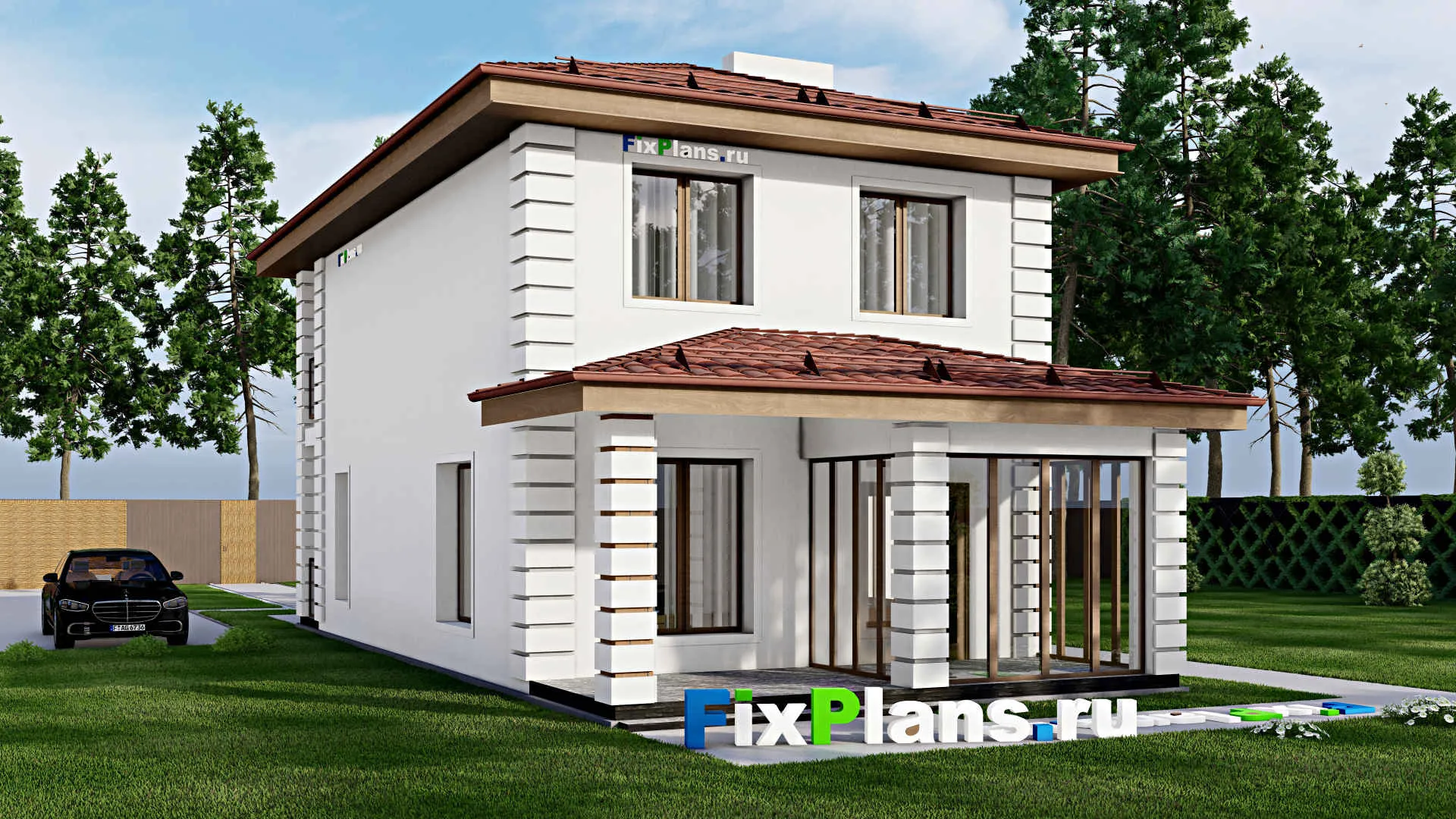 F-4382 - Планы двухэтажного дома 7 на 15, площадью 130 м² с террасой, балконом и 3 спальнями