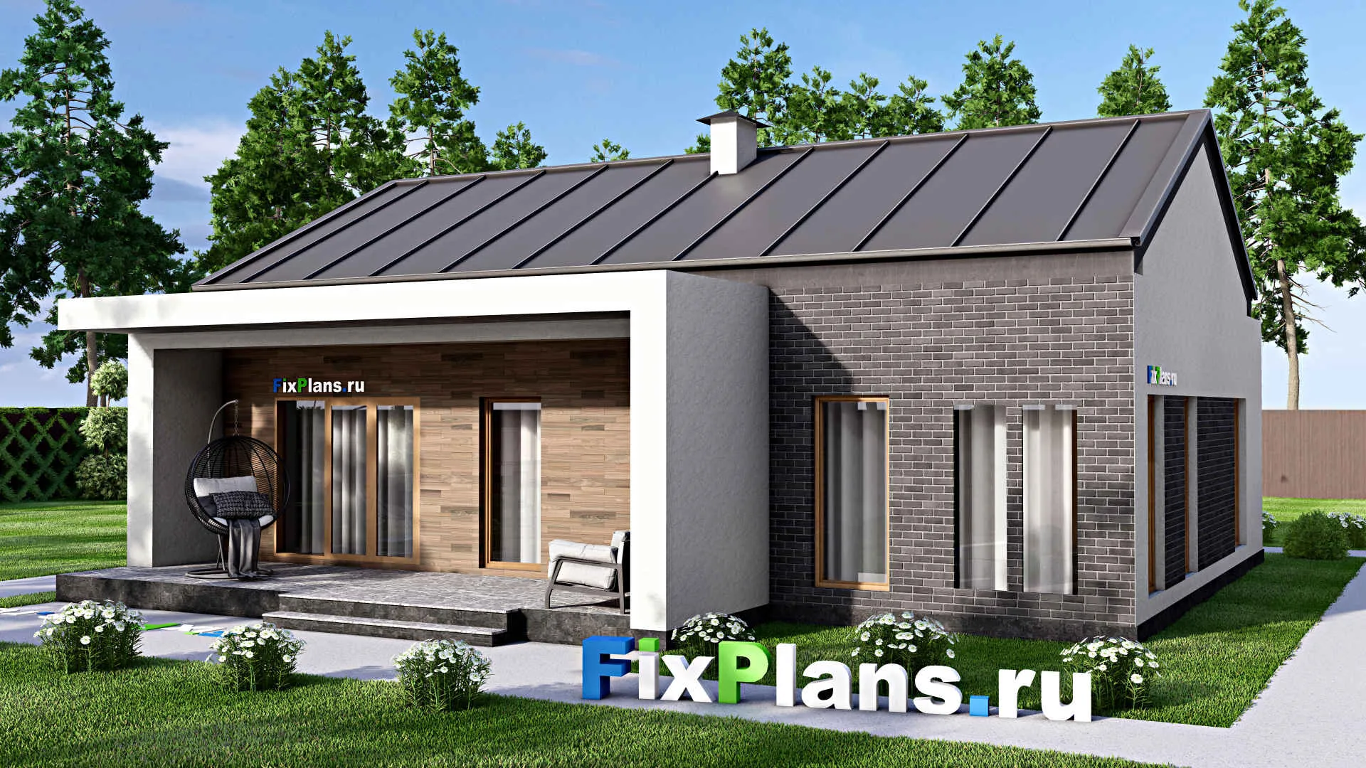 F-16037 - Проект одноэтажного дома 13 на 13, площадью 130 м² с террасой и 2 спальнями