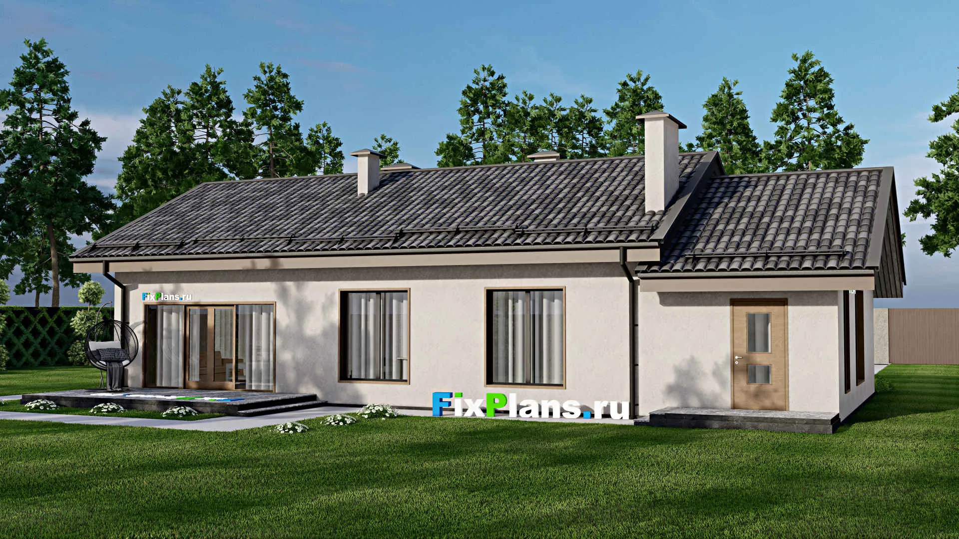 F-7595 - Проект одноэтажного дома 10 на 15, площадью 160 м² с террасой, гаражом на 1 машину и 3 спальнями