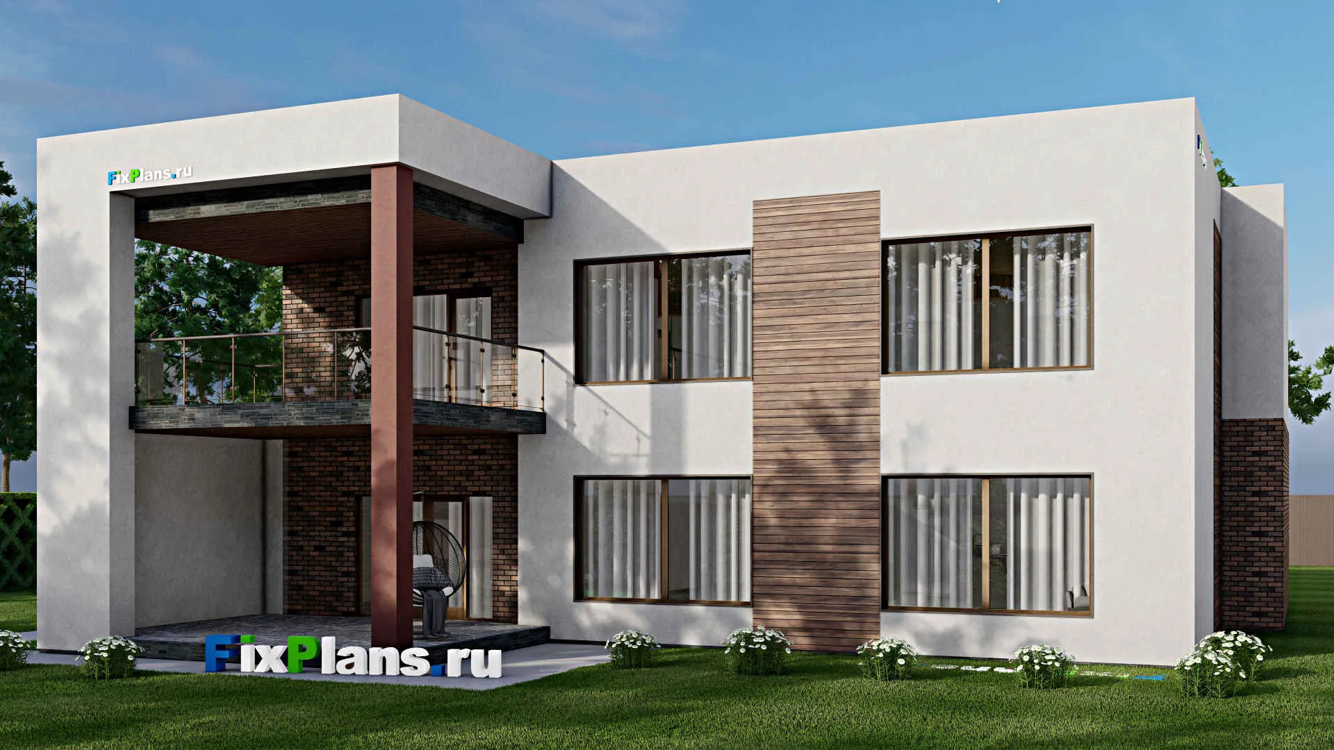 F-10808 - Проект двухэтажного дома 18 на 18, площадью 330 м² с террасой, балконом, гаражом на 2 машины и 3 спальнями