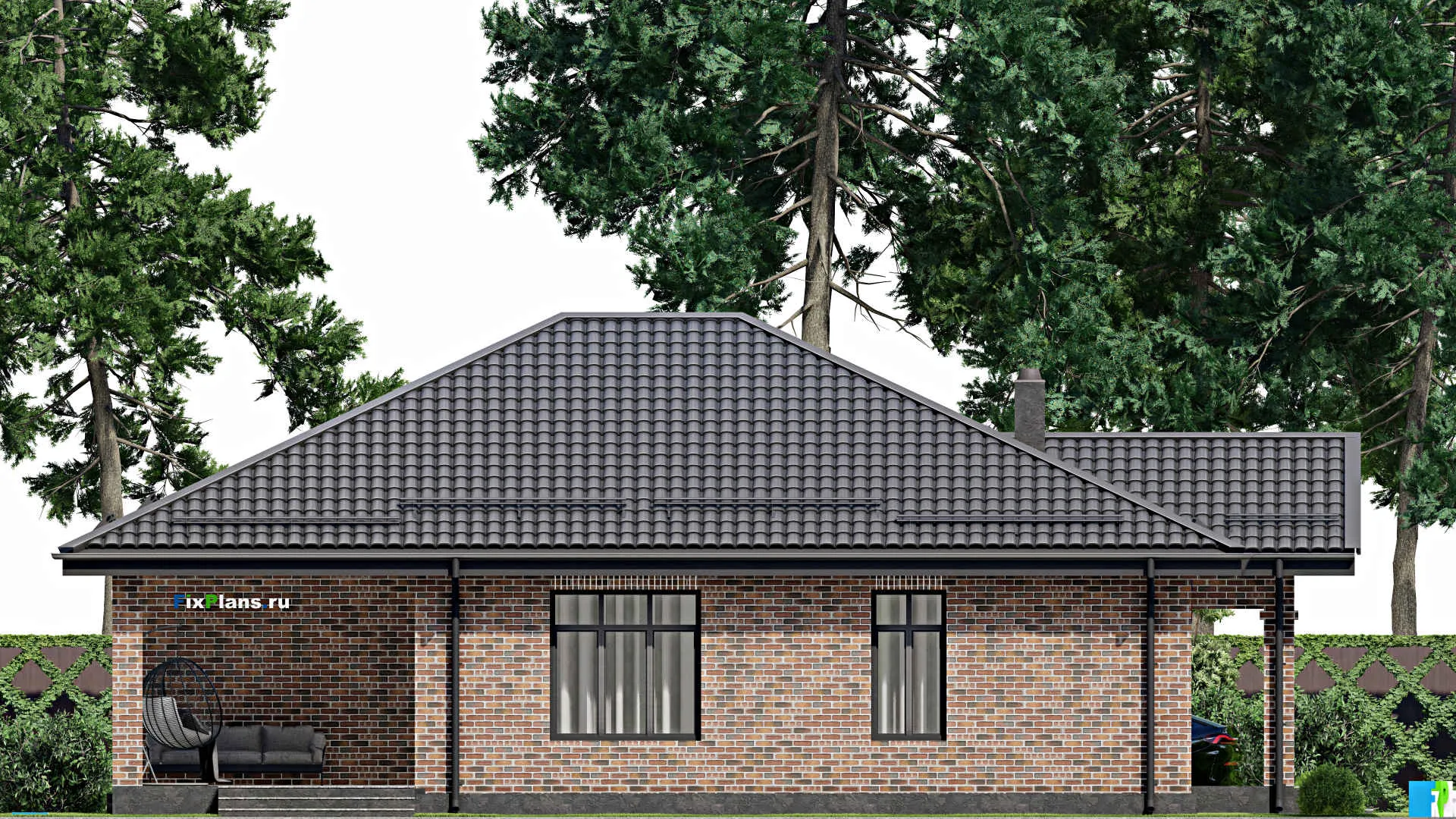 F-2879 - План одноэтажного дома 12 на 15, площадью 140 м² с террасой, баней и 2 спальнями