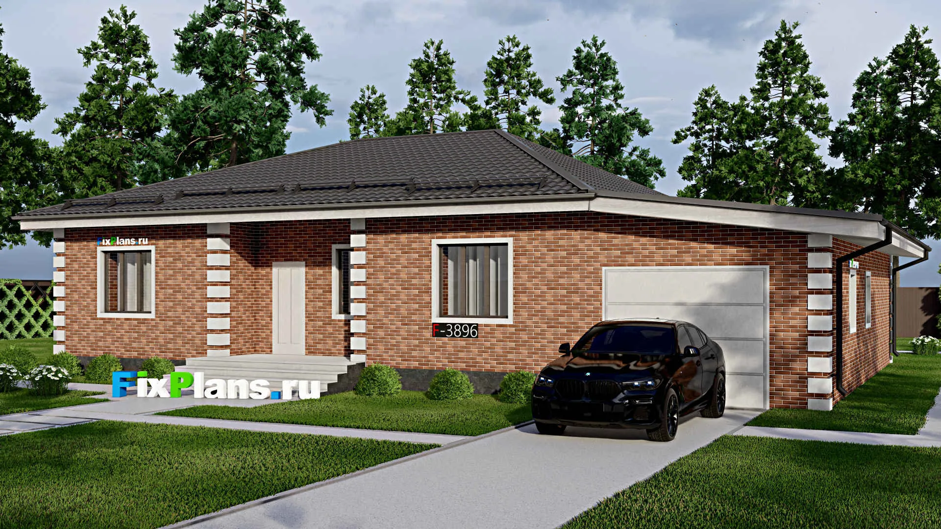 F-3896 - Проект одноэтажного дома 13 на 18, площадью 220 м² с террасой, гаражом на 1 машину и 3 спальнями