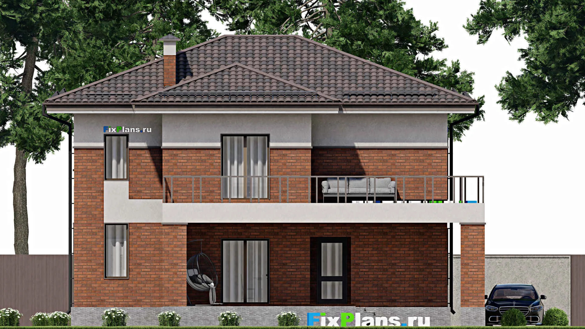 F-7109 - Проект двухэтажного дома 14 на 16, площадью 270 м² с террасой, балконом и 6 спальнями