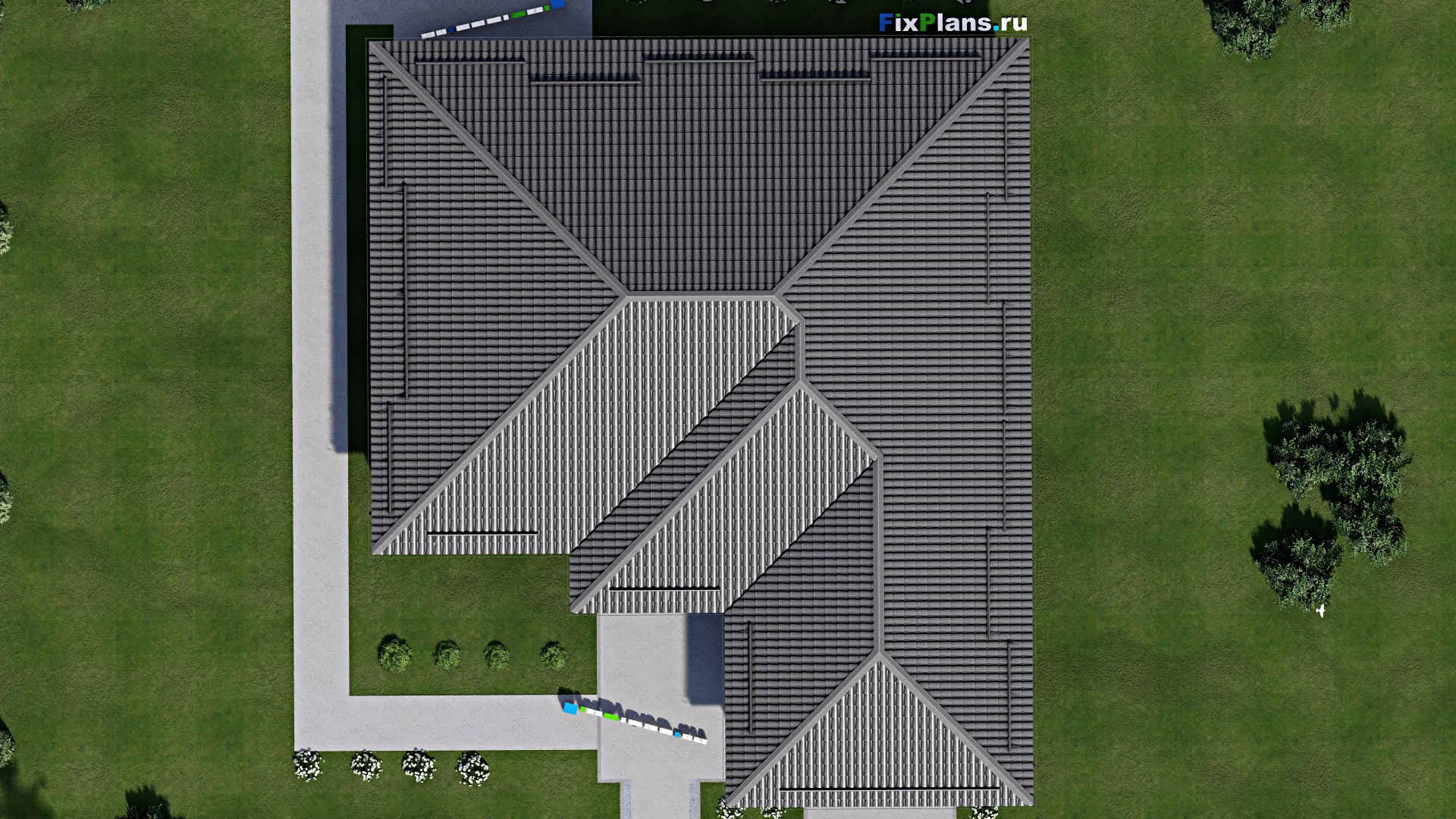 F-3365 - План одноэтажного дома 17 на 20, площадью 230 м² с террасой, гаражом на 2 машины и 3 спальнями