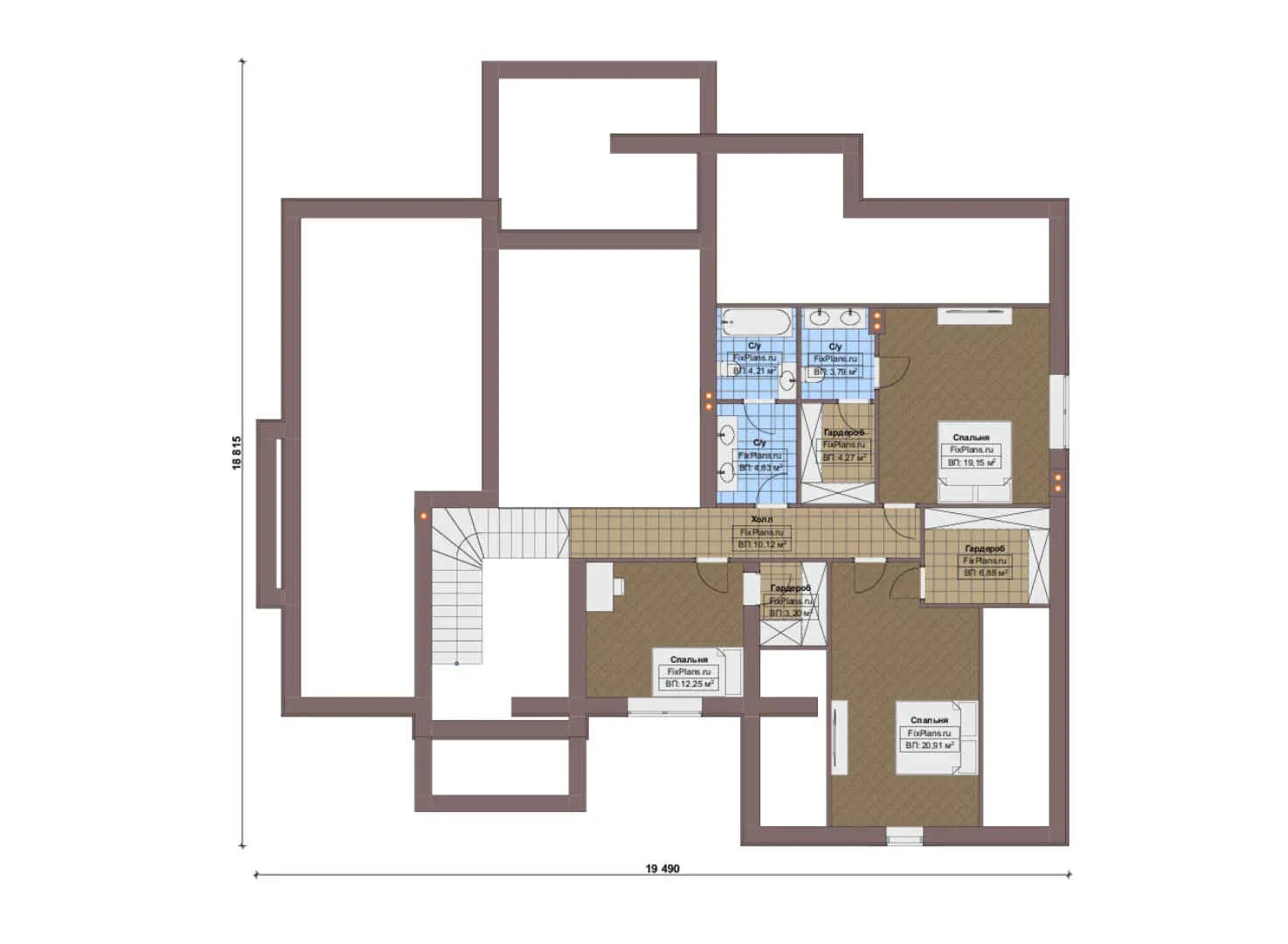 F-16928 - Планы дома с мансардой 19 на 20, площадью 340 м² с террасой, гаражом на 2 машины и 5 спальнями