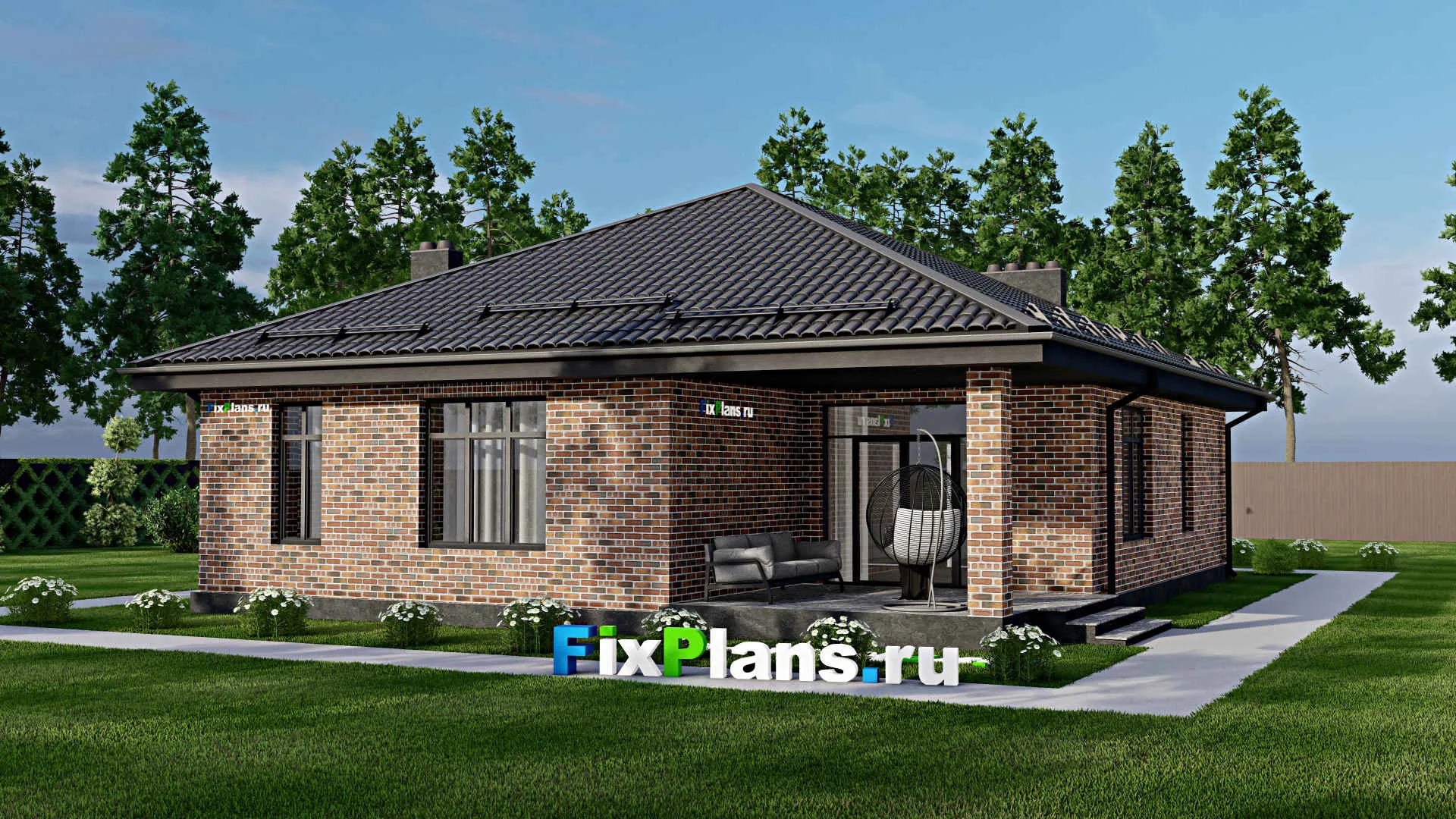 F-2879 - План одноэтажного дома 12 на 15, площадью 140 м² с террасой, баней и 2 спальнями