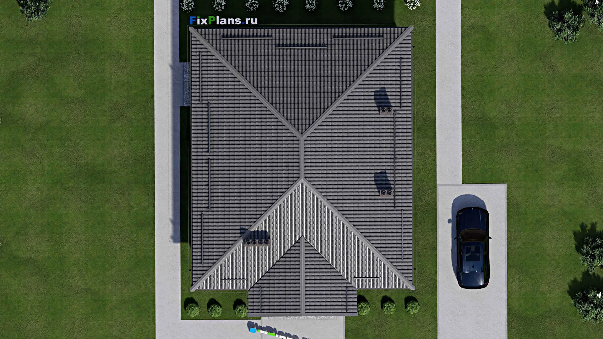 F-2879 - План одноэтажного дома 12 на 15, площадью 140 м² с террасой, баней и 2 спальнями