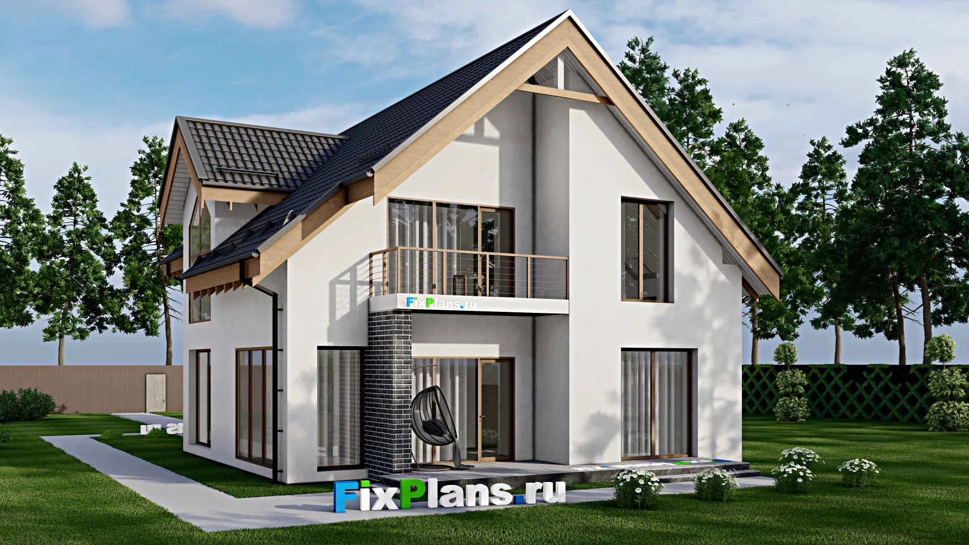 F-2924 - Проект дома с мансардой 11 на 19, площадью 240 м² с террасой, балконом, гаражом на 1 машину и 3 спальнями