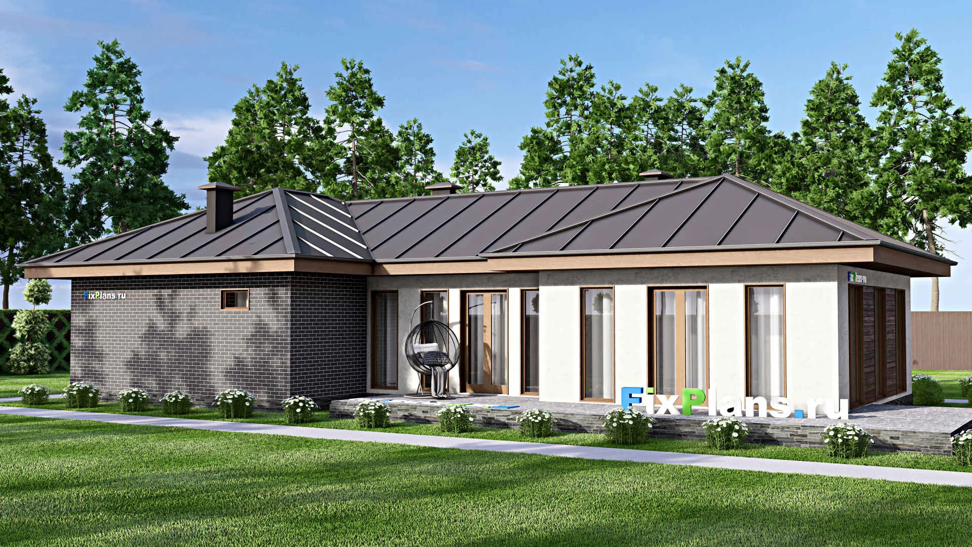 F-8171 - Проект одноэтажного дома 13 на 22, площадью 170 м² с террасой, бассейном и 3 спальнями