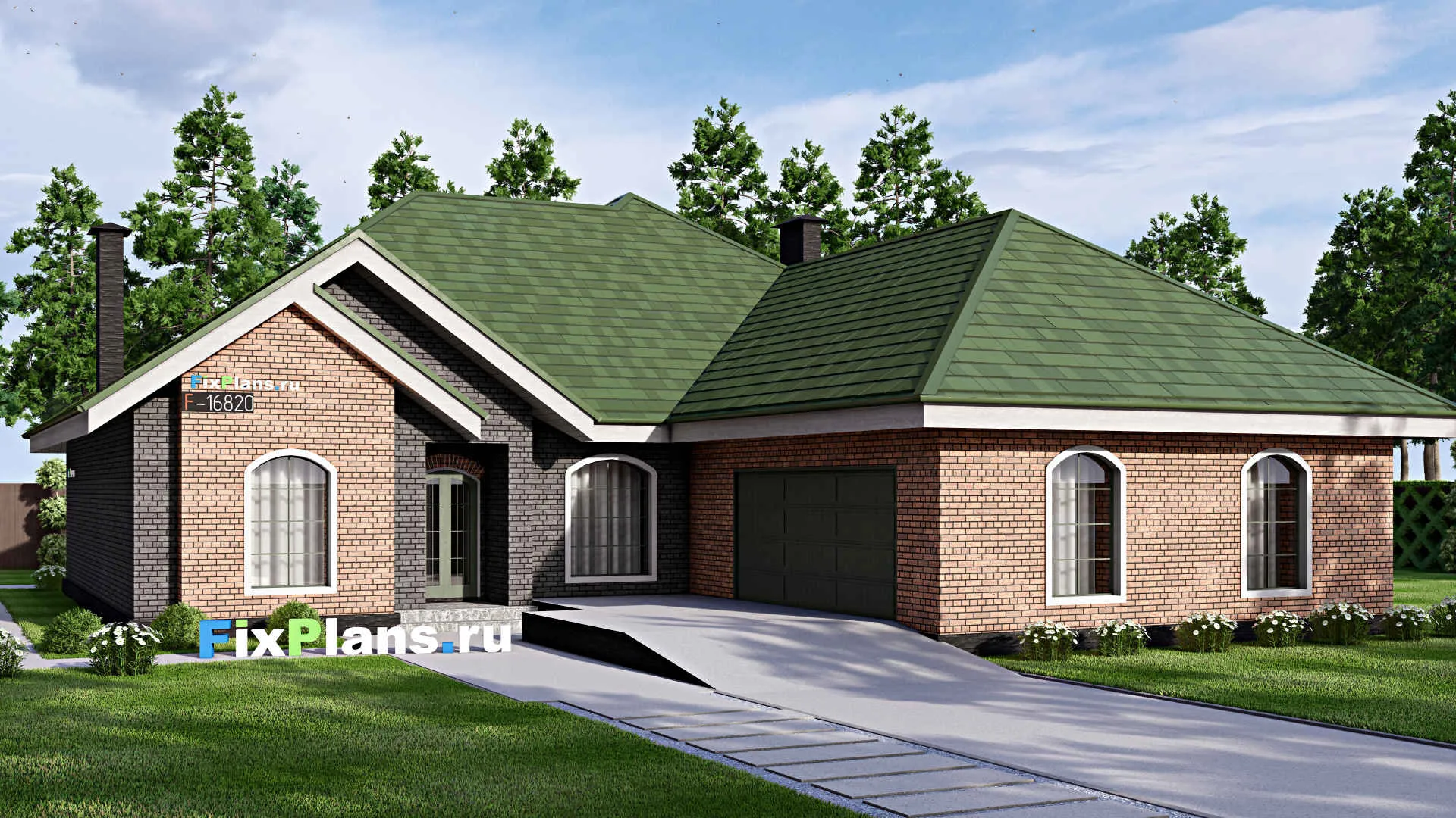 F-16820 - Проект одноэтажного дома 18 на 22, площадью 240 м² с террасой, гаражом на 2 машины и 3 спальнями