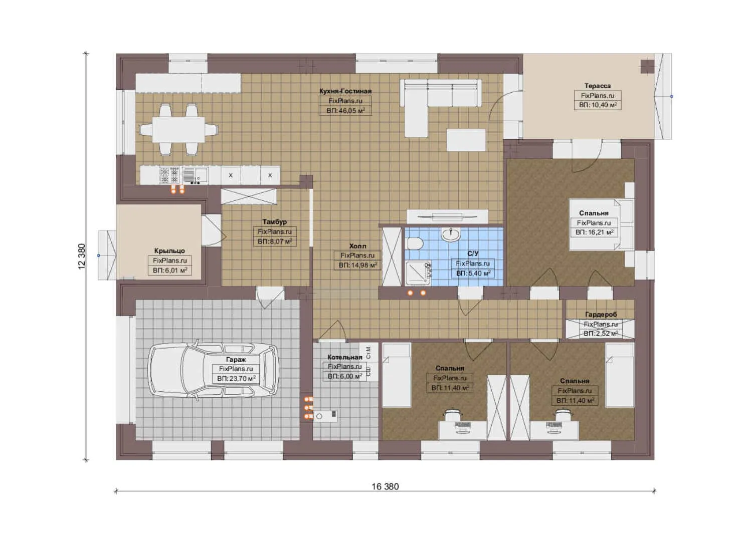 F-19970 - План одноэтажного дома 13 на 17, площадью 170 м² с террасой, гаражом на 1 машину и 3 спальнями