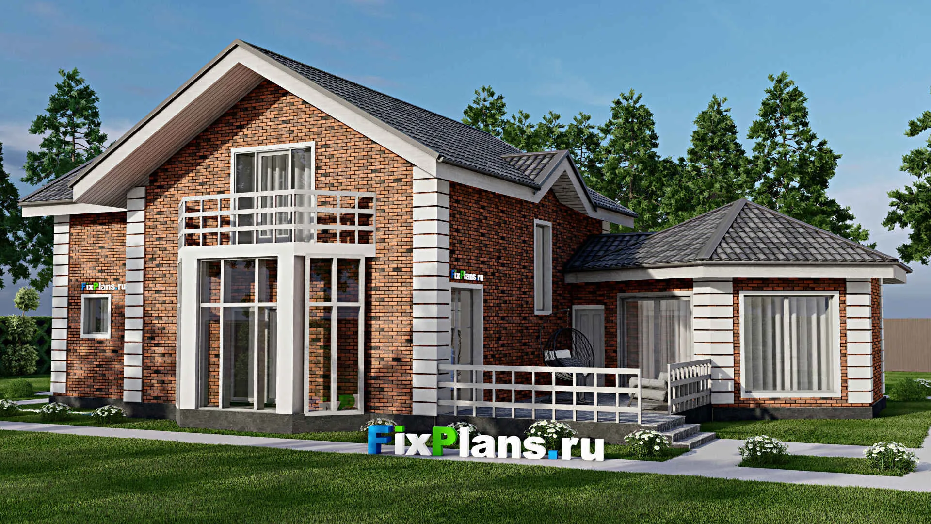 F-9404 - Проект дома с мансардой 15 на 20, площадью 240 м² с террасой, балконом и 3 спальнями