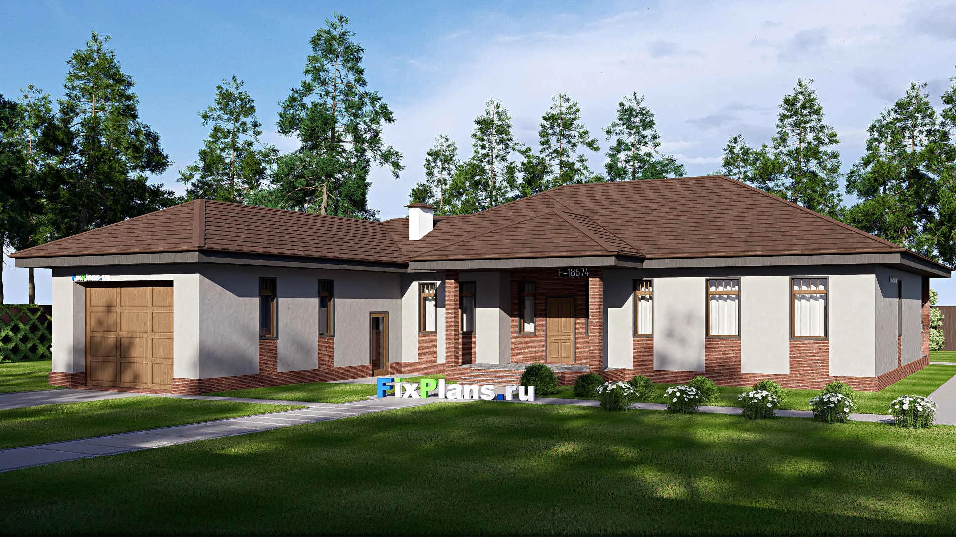 F-18674 - Проект одноэтажного дома 22 на 24, площадью 270 м² с террасой, гаражом на 2 машины и 3 спальнями