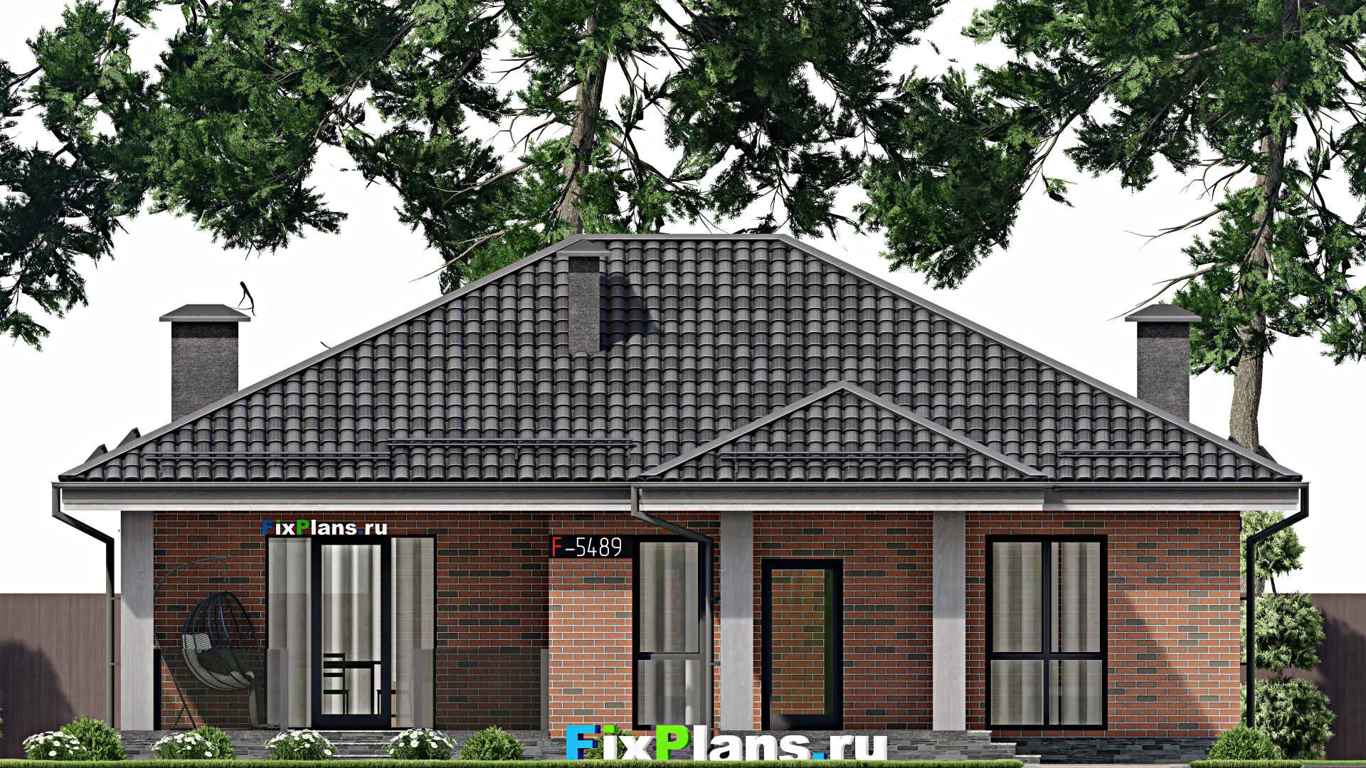 F-5489 - Проект одноэтажного дома 12 на 14, площадью 130 м² с террасой и 3 спальнями