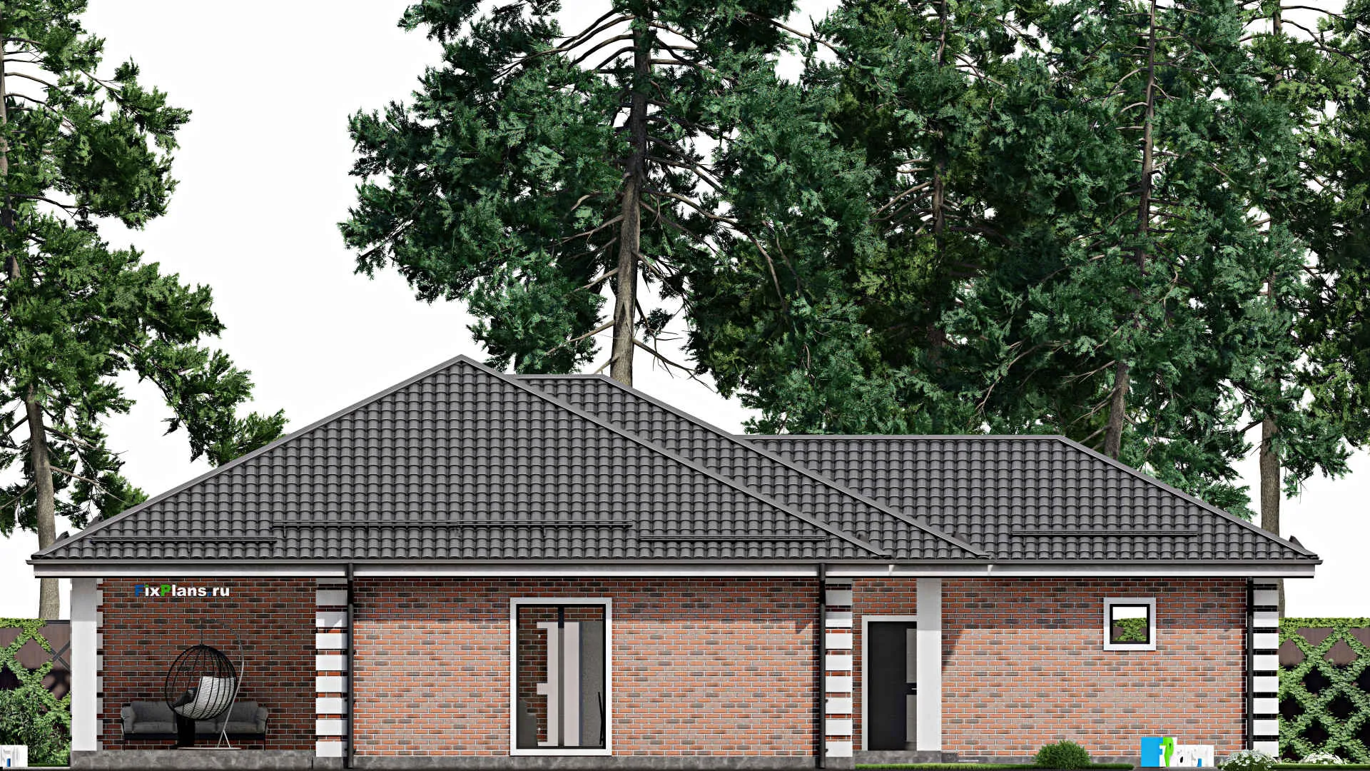 F-3365 - План одноэтажного дома 17 на 20, площадью 230 м² с террасой, гаражом на 2 машины и 3 спальнями