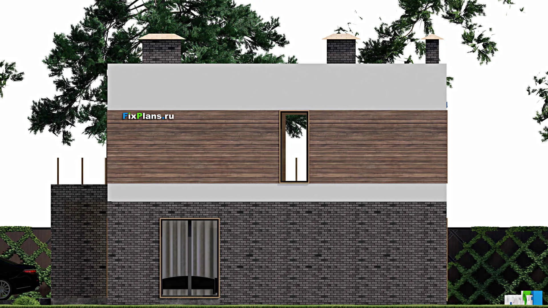 F-7784 - Проект двухэтажного дома 12 на 17, площадью 280 м² с балконом, баней, гаражом на 1 машину и 4 спальнями