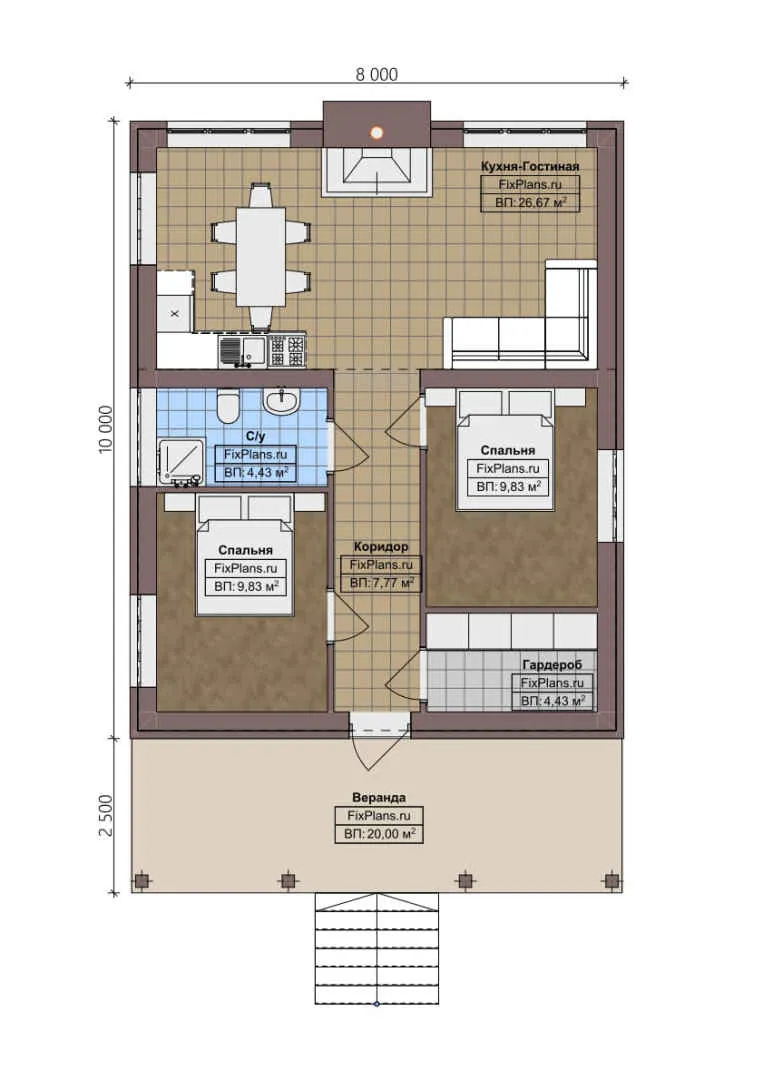 F-0755 - План одноэтажного дома 8 на 10, площадью 90 м² с террасой и 2 спальнями