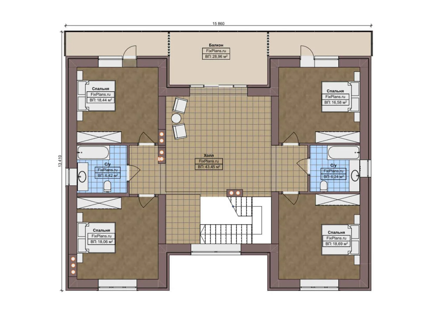 F-8378 - Планы двухэтажного дома 14 на 16, площадью 310 м² с террасой, балконом, гаражом на 1 машину и 4 спальнями