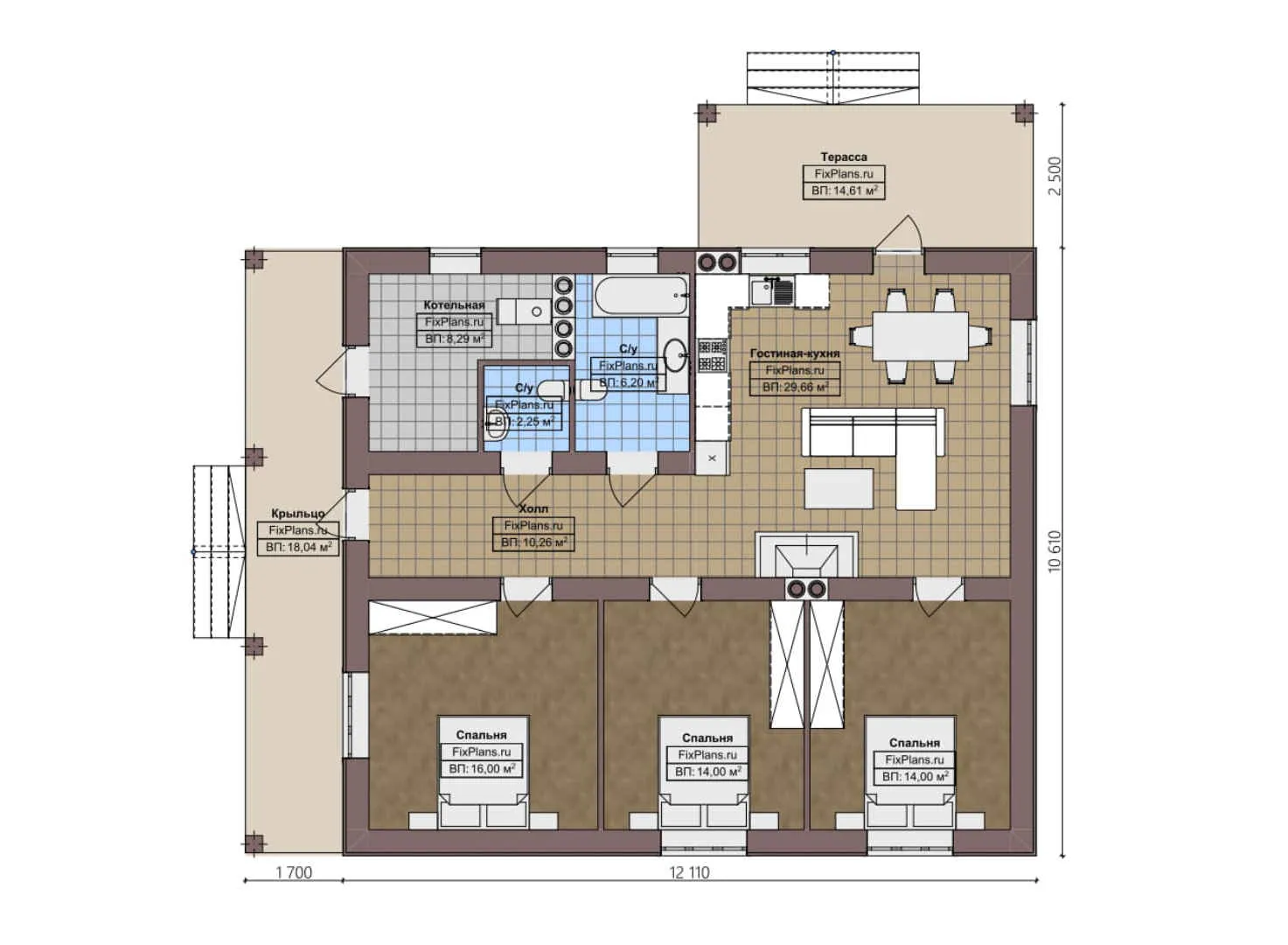 F-4301 - План одноэтажного дома 11 на 13, площадью 140 м² с террасой и 3 спальнями