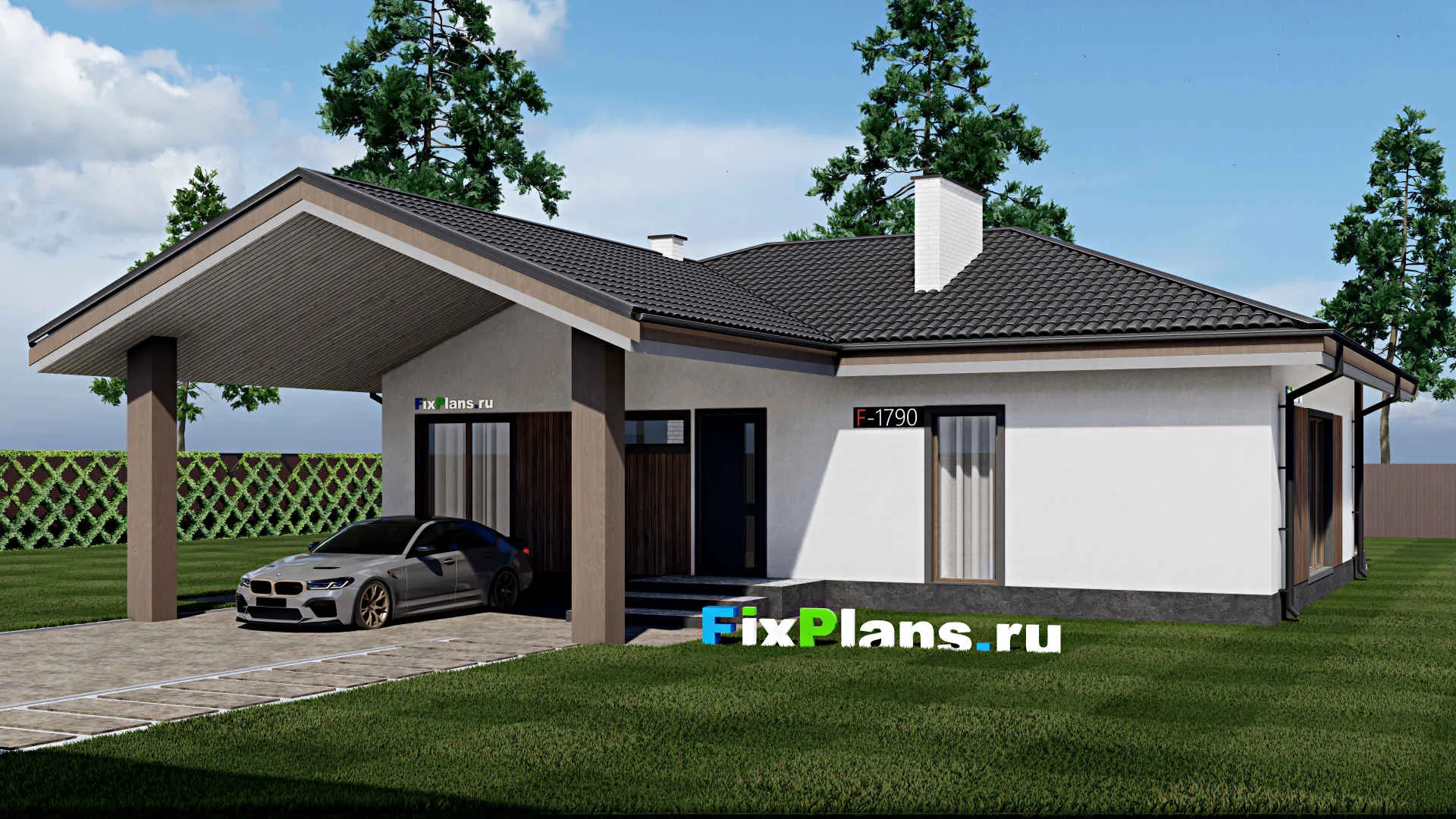F-1790 - Проект одноэтажного дома 10 на 15, площадью 130 м² с террасой и 3 спальнями