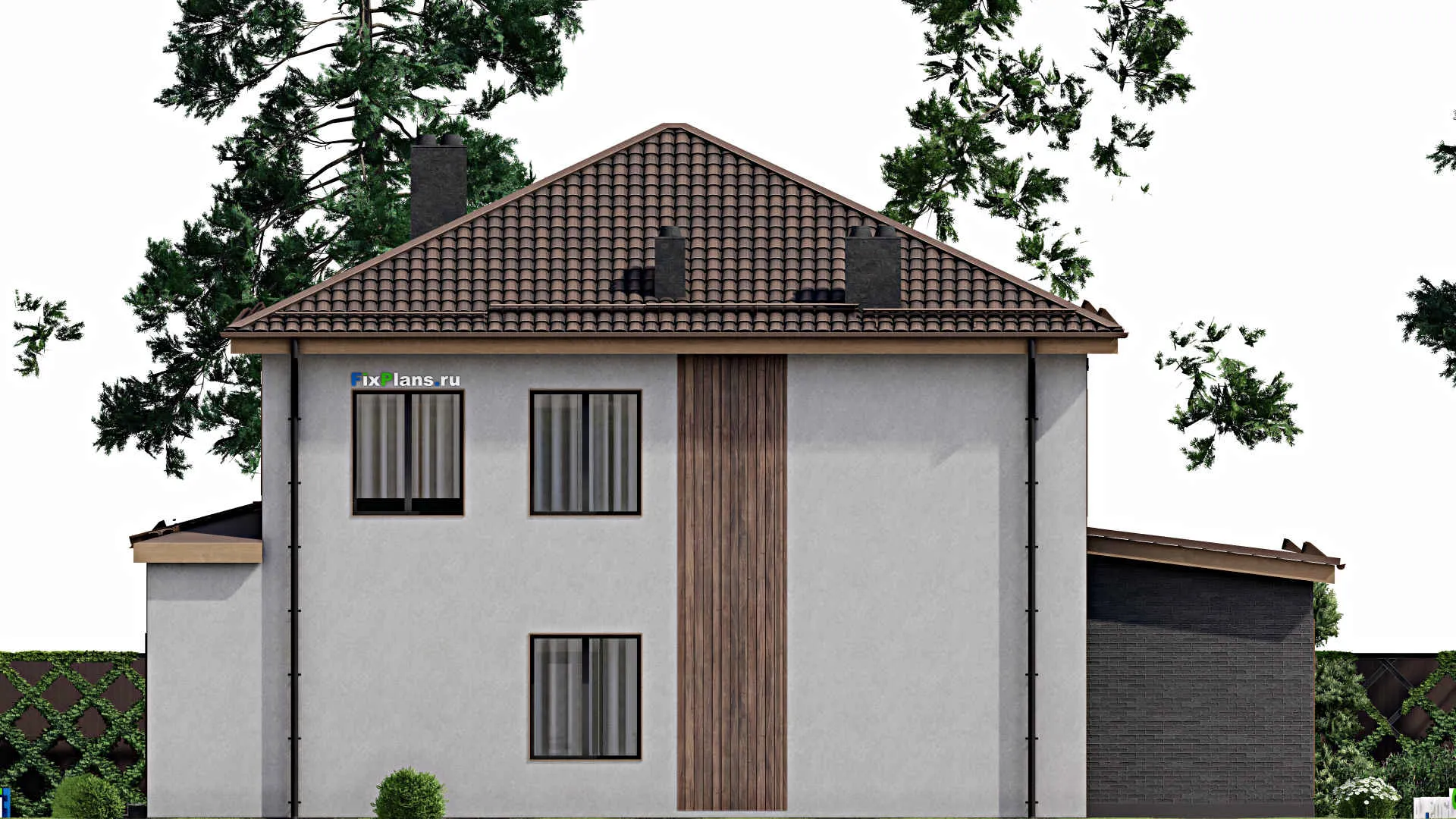 F-7964 - Проект двухэтажного дома 12 на 17, площадью 230 м² с террасой, баней и 4 спальнями