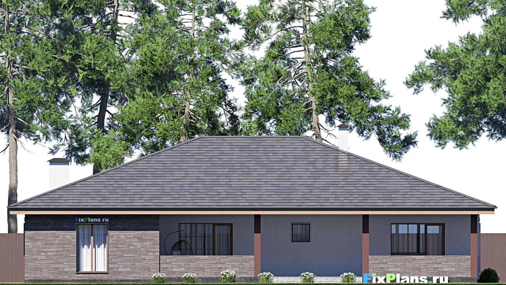 F-17954 - Проект одноэтажного дома 20 на 21, площадью 320 м² с террасой, гаражом на 2 машины и 2 спальнями