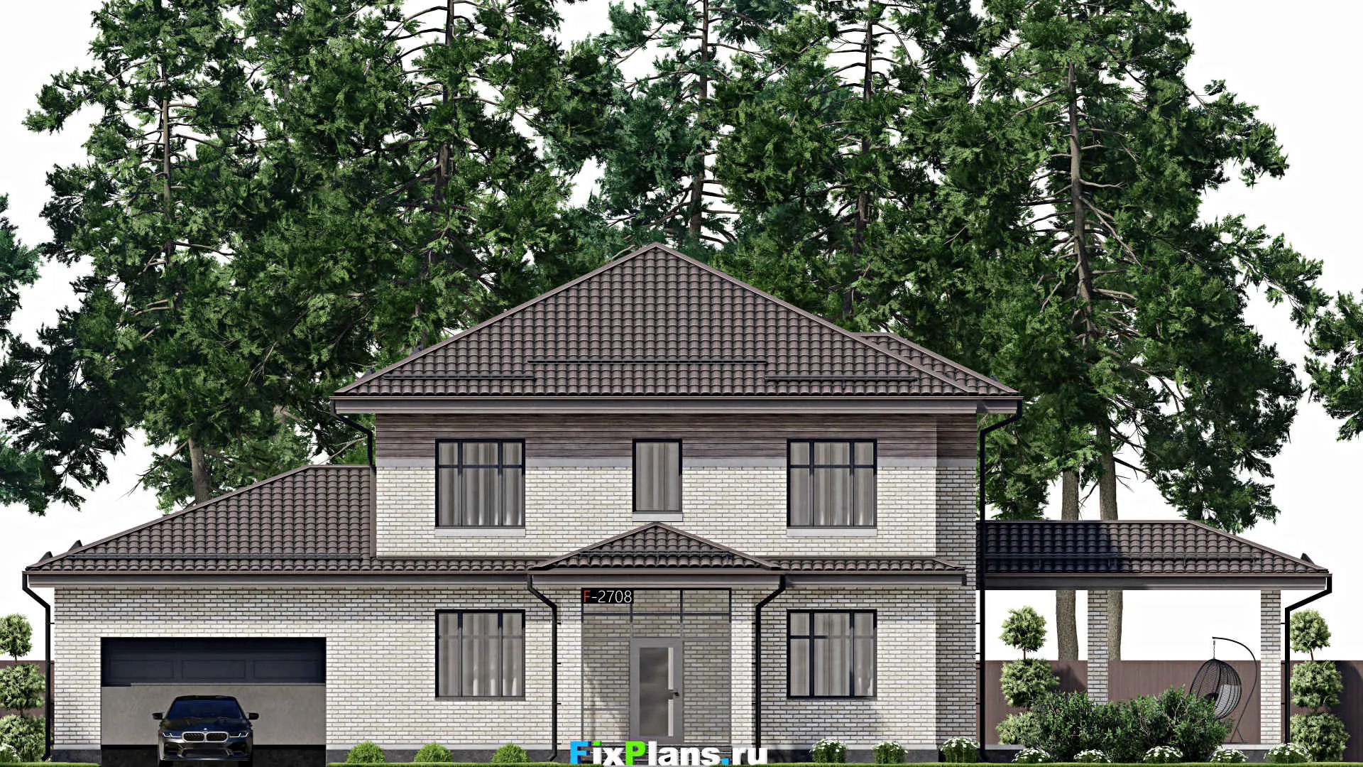 F-2708 - Проект двухэтажного дома 12 на 19, площадью 280 м² с террасой, гаражом на 2 машины и 4 спальнями