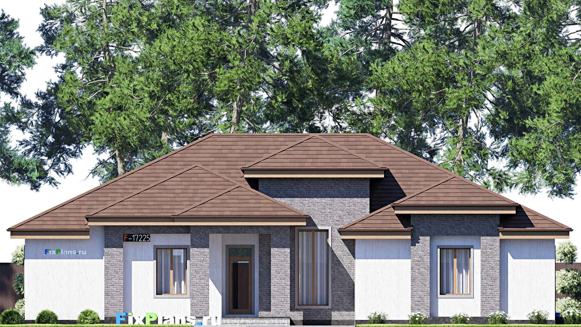 F-17225 - Проект одноэтажного дома 20 на 24, площадью 300 м² с террасой, гаражом на 2 машины и 4 спальнями