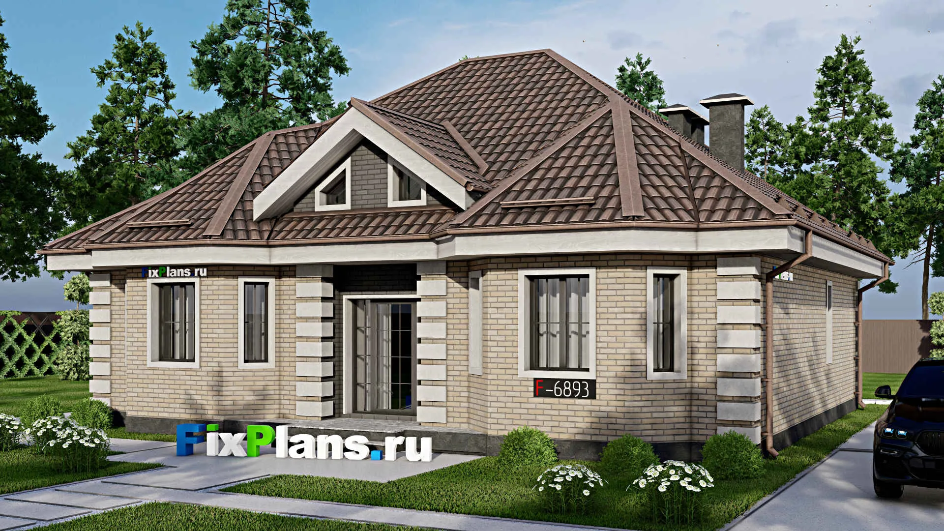 F-6893 - Проект одноэтажного дома 12 на 13, площадью 200 м² с цокольным этажом и 2 спальнями