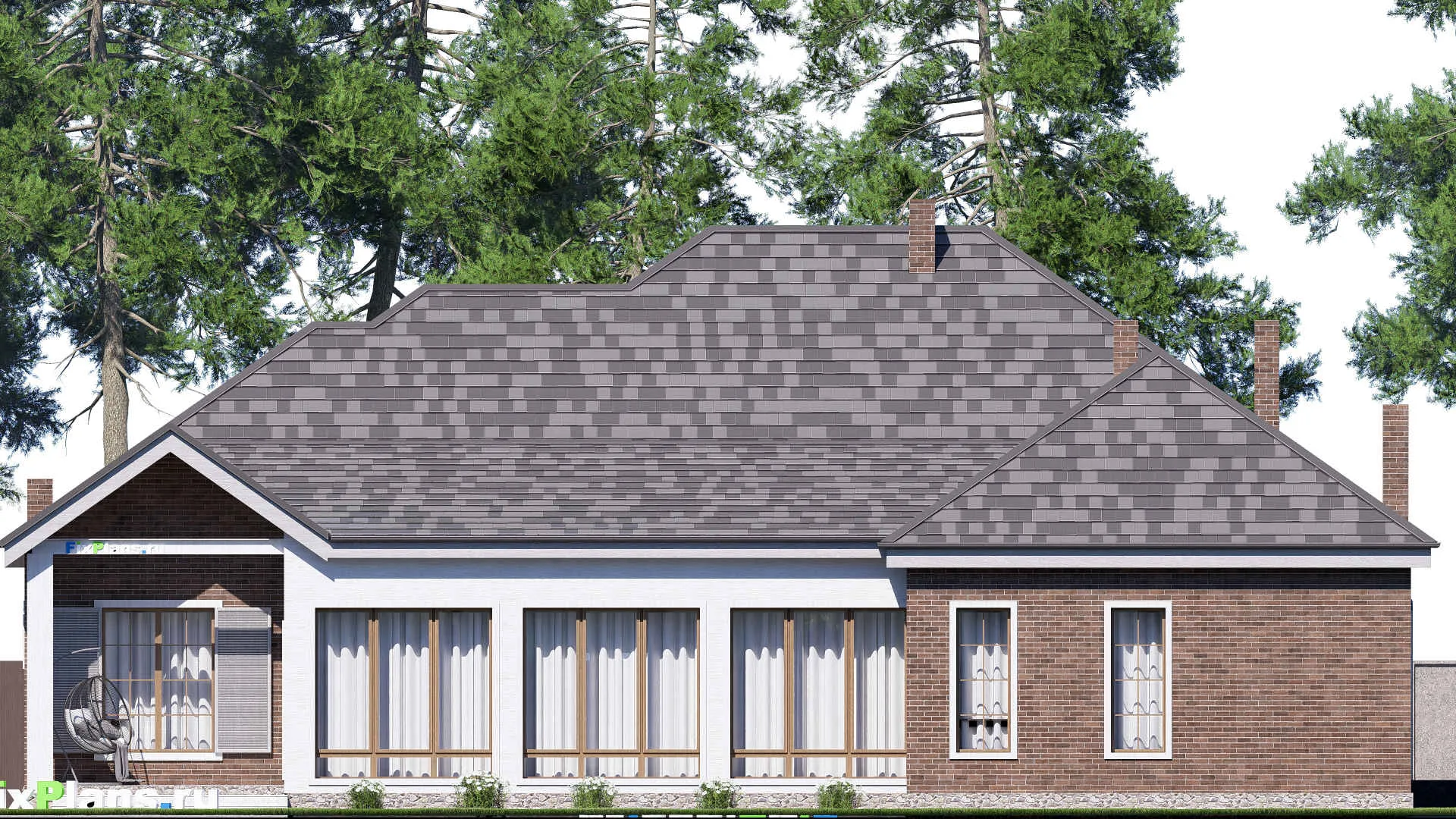 F-17198 - Проект одноэтажного дома 21 на 22, площадью 310 м² с террасой, гаражом на 2 машины и 3 спальнями