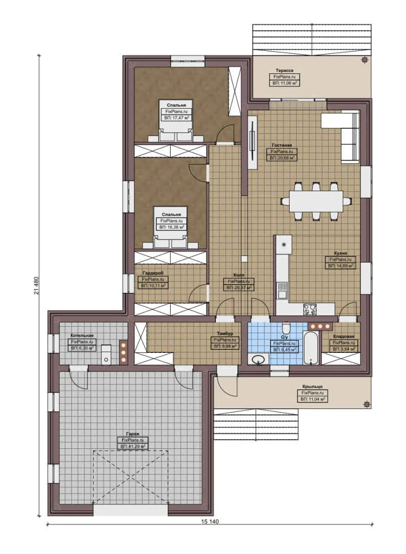 F-2429 - План одноэтажного дома 16 на 22, площадью 200 м² с террасой, гаражом на 2 машины и 2 спальнями