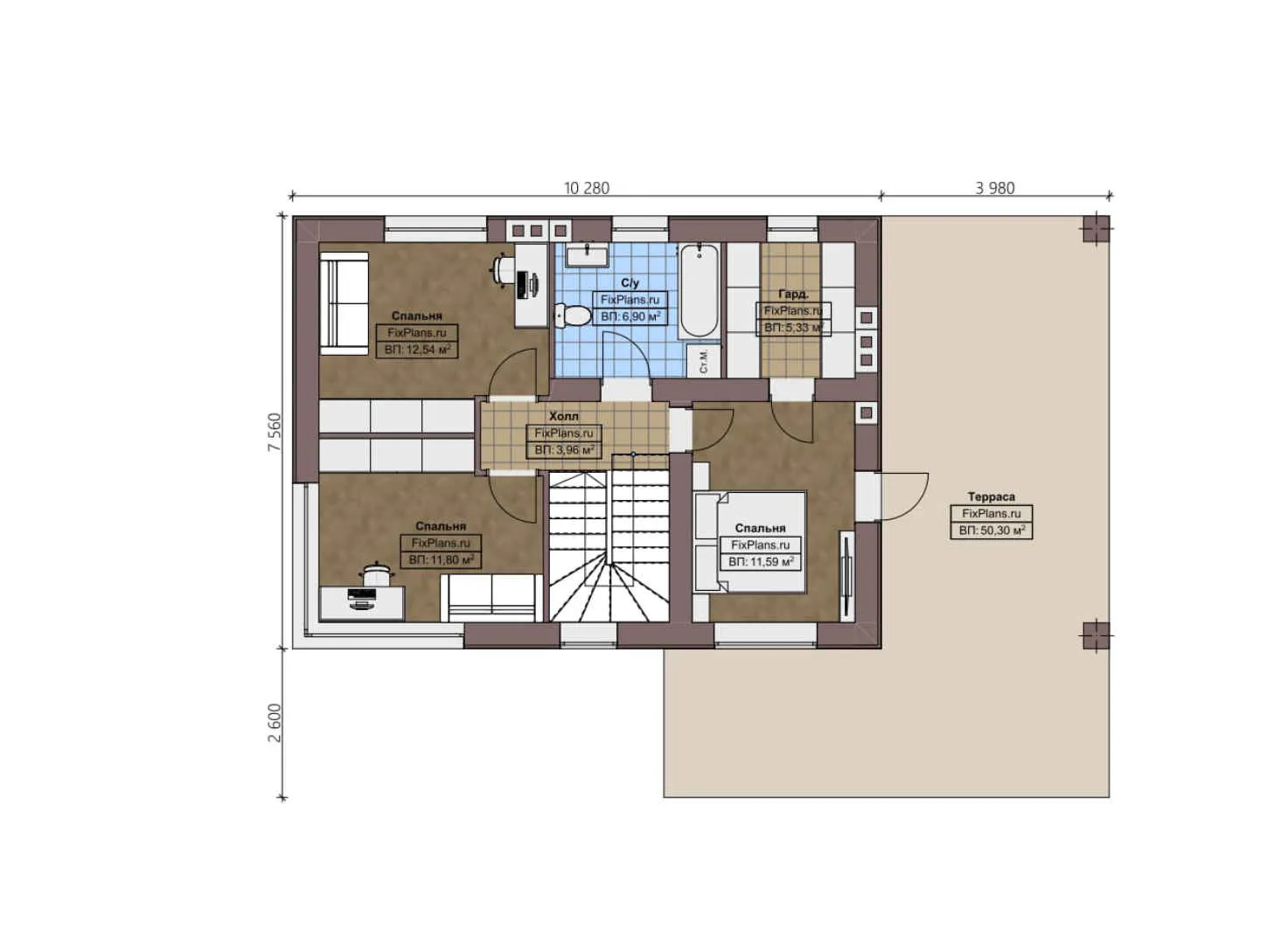 F-1313 - Планы двухэтажного дома 11 на 15, площадью 230 м² с террасой, балконом, гаражом на 1 машину и 3 спальнями