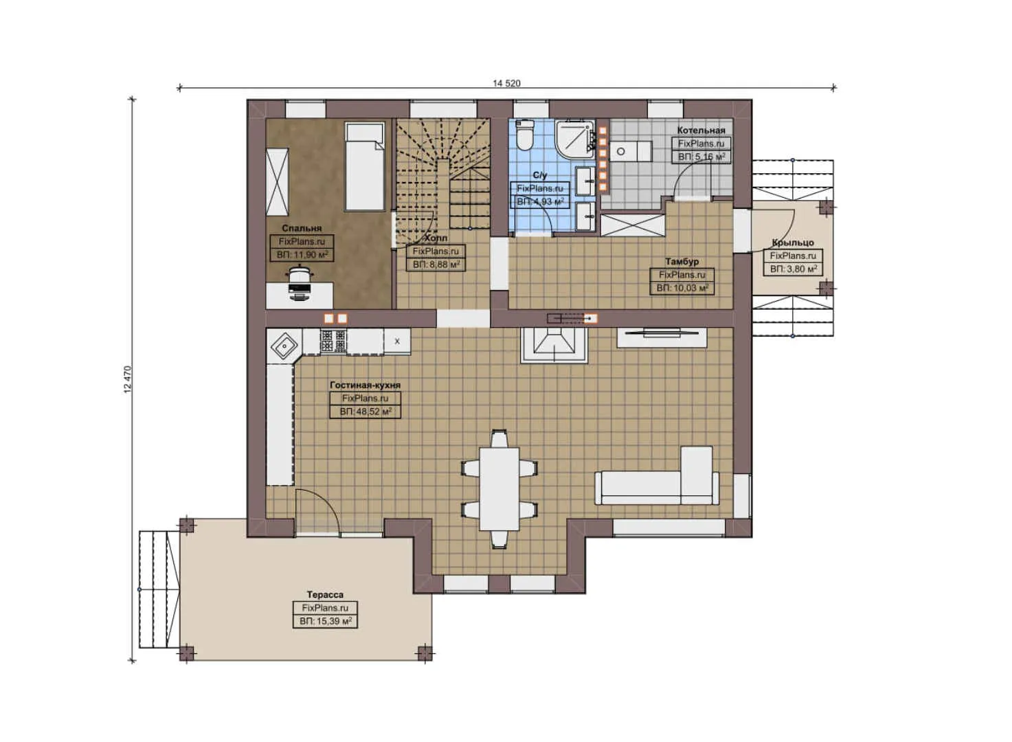 F-9107 - Планы дома с мансардой 13 на 15, площадью 190 м² с террасой и 4 спальнями