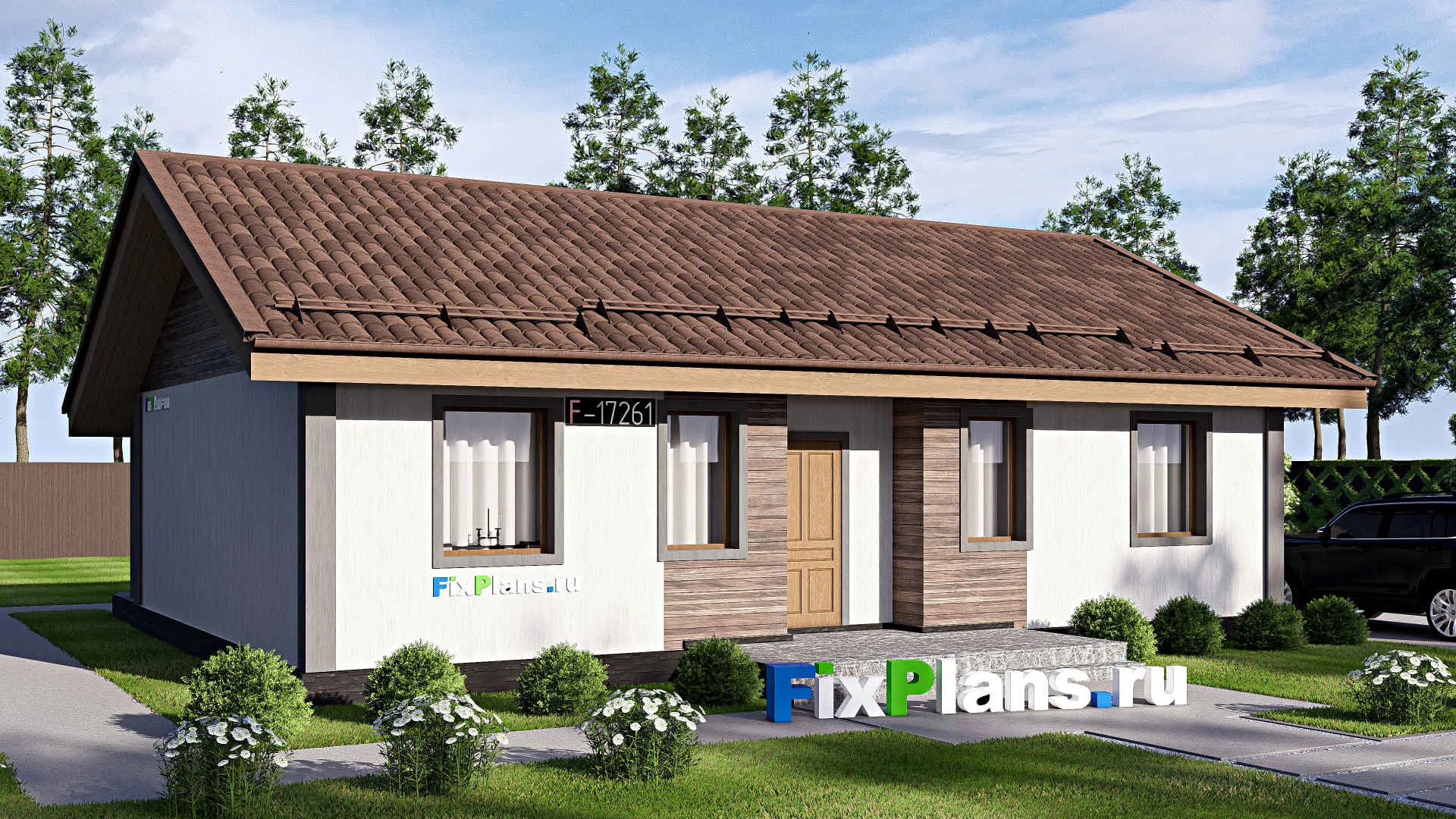 F-17261 - Проект одноэтажного дома 13 на 13, площадью 110 м² с террасой и 3 спальнями