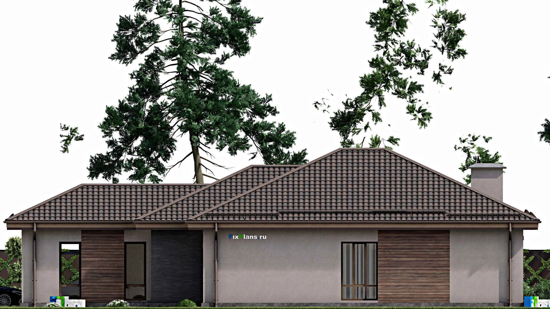 F-8216 - Проект одноэтажного дома 12 на 21, площадью 150 м² с гаражом на 1 машину и 3 спальнями