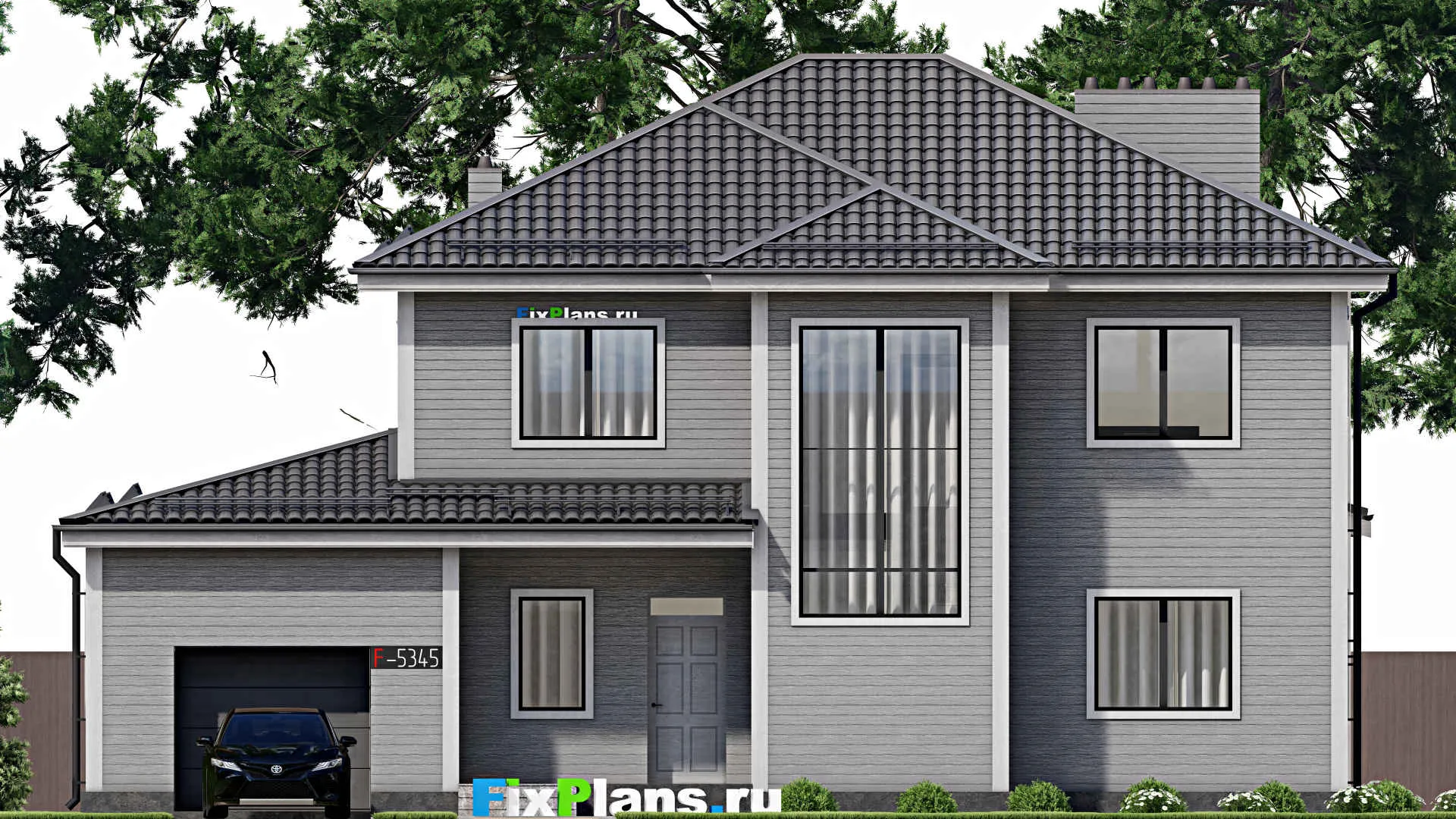 F-5345 - Планы двухэтажного дома 12 на 16, площадью 220 м² с гаражом на 1 машину и 4 спальнями