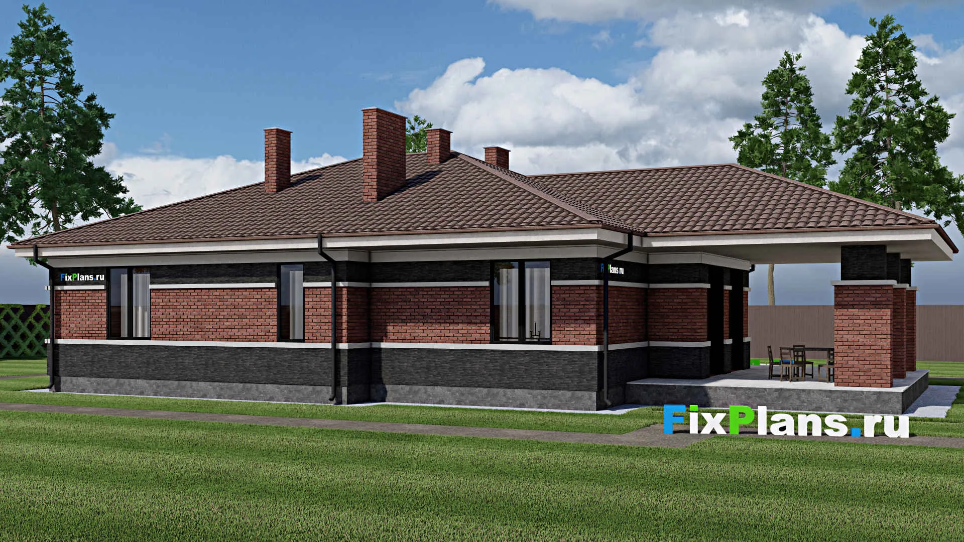 F-0575 - Проект одноэтажного дома 15 на 18, площадью 220 м² с террасой и 3 спальнями