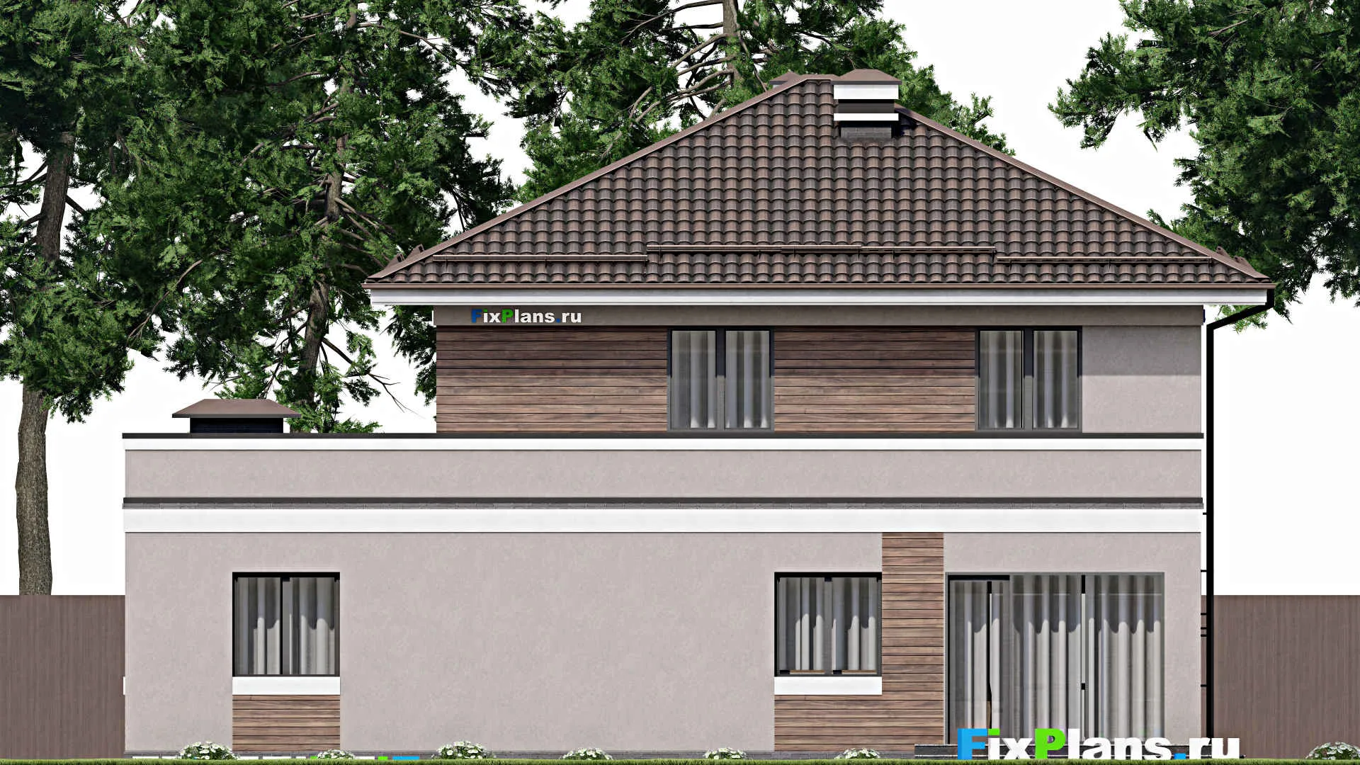 F-8594 - Проект двухэтажного дома 13 на 17, площадью 300 м² с террасой, балконом, гаражом на 2 машины и 4 спальнями