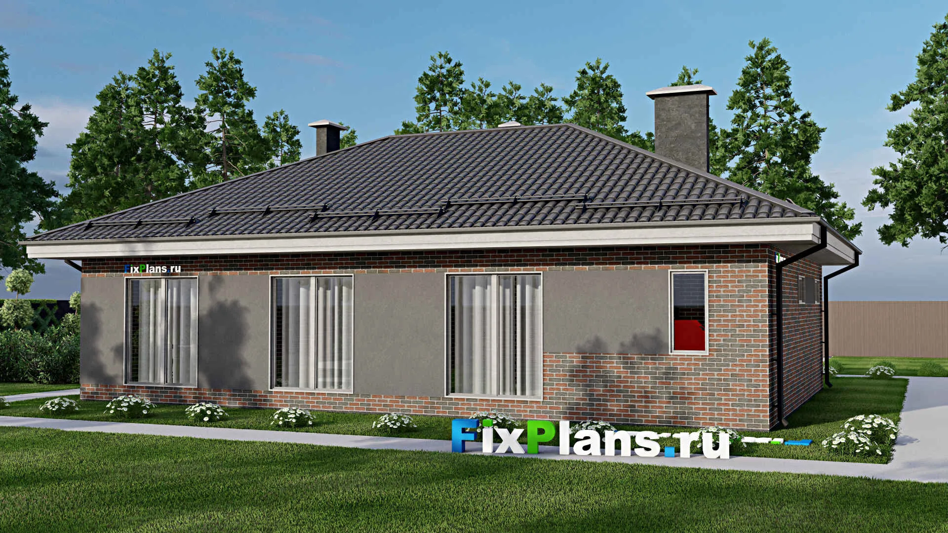 F-3635 - План одноэтажного дома 11 на 16, площадью 130 м² с гаражом на 2 машины и 2 спальнями