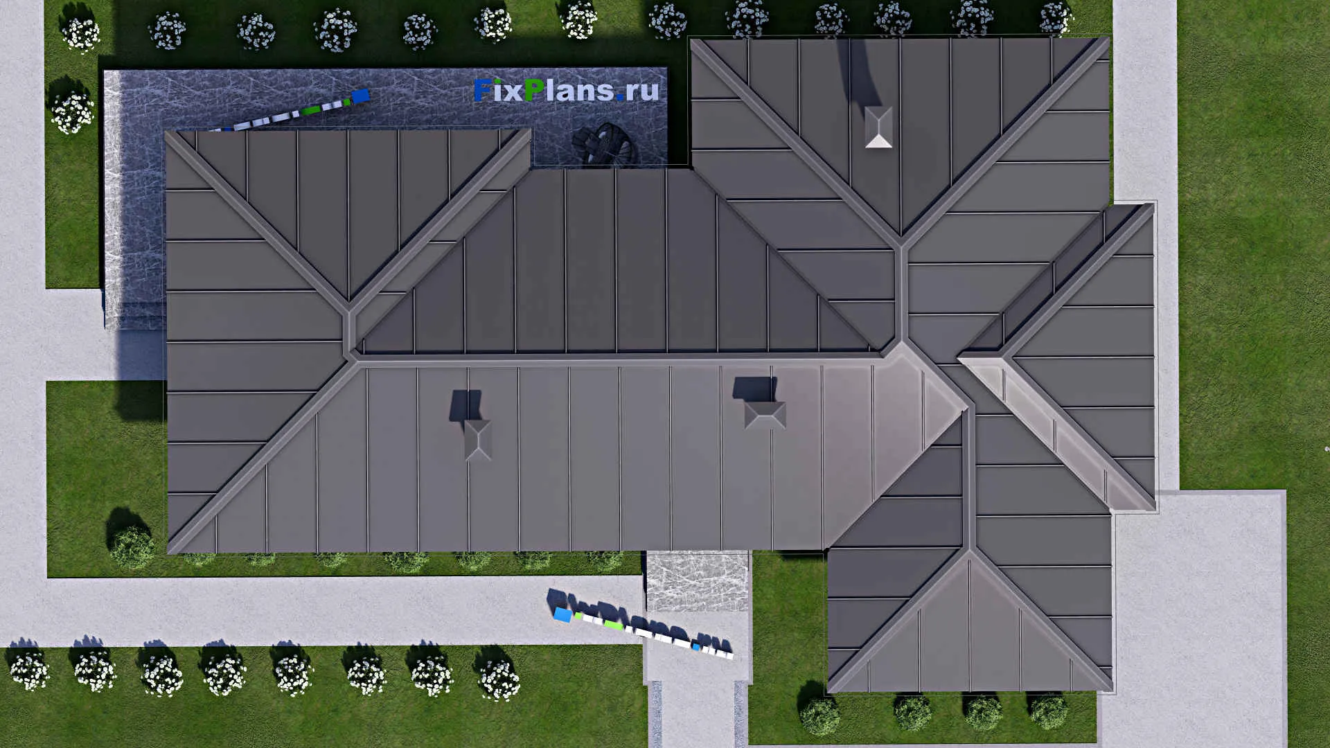 F-8171 - Проект одноэтажного дома 13 на 22, площадью 170 м² с террасой, бассейном и 3 спальнями