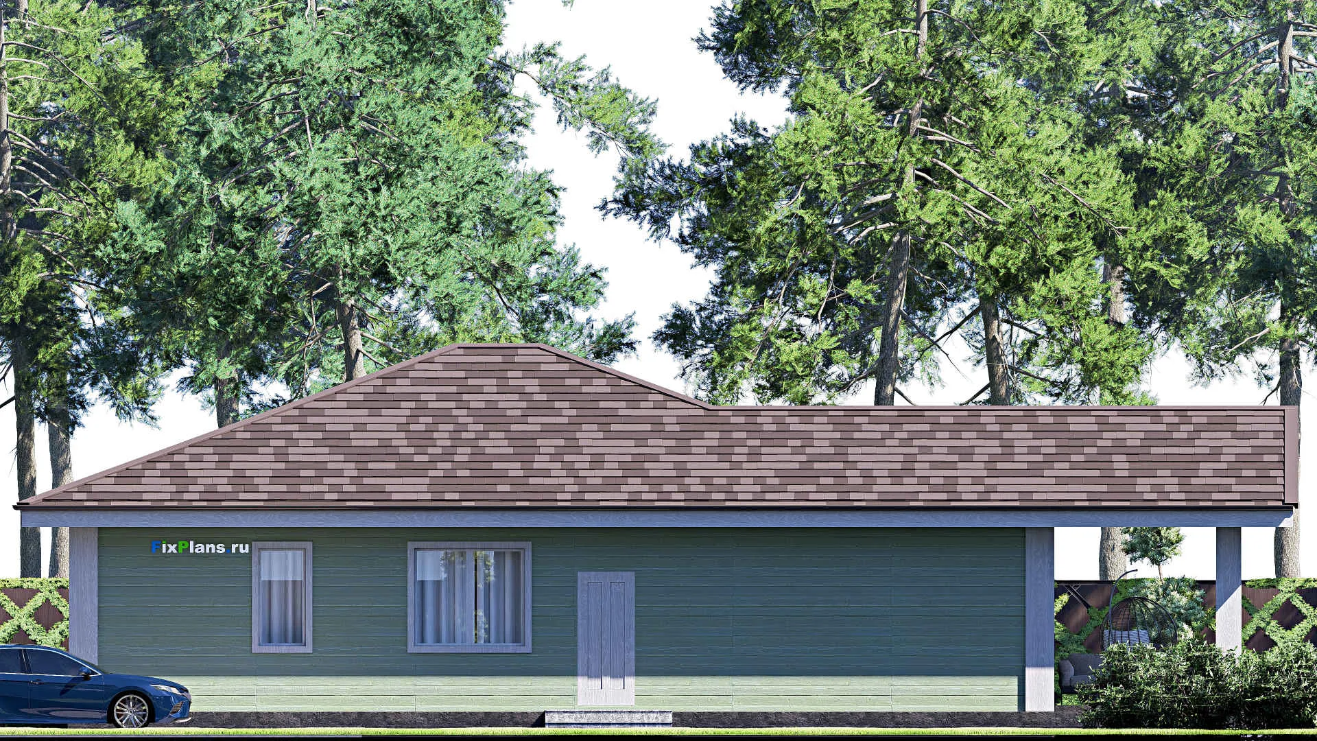 F-18440 - Проект одноэтажного дома 13 на 19, площадью 170 м² с террасой и 3 спальнями