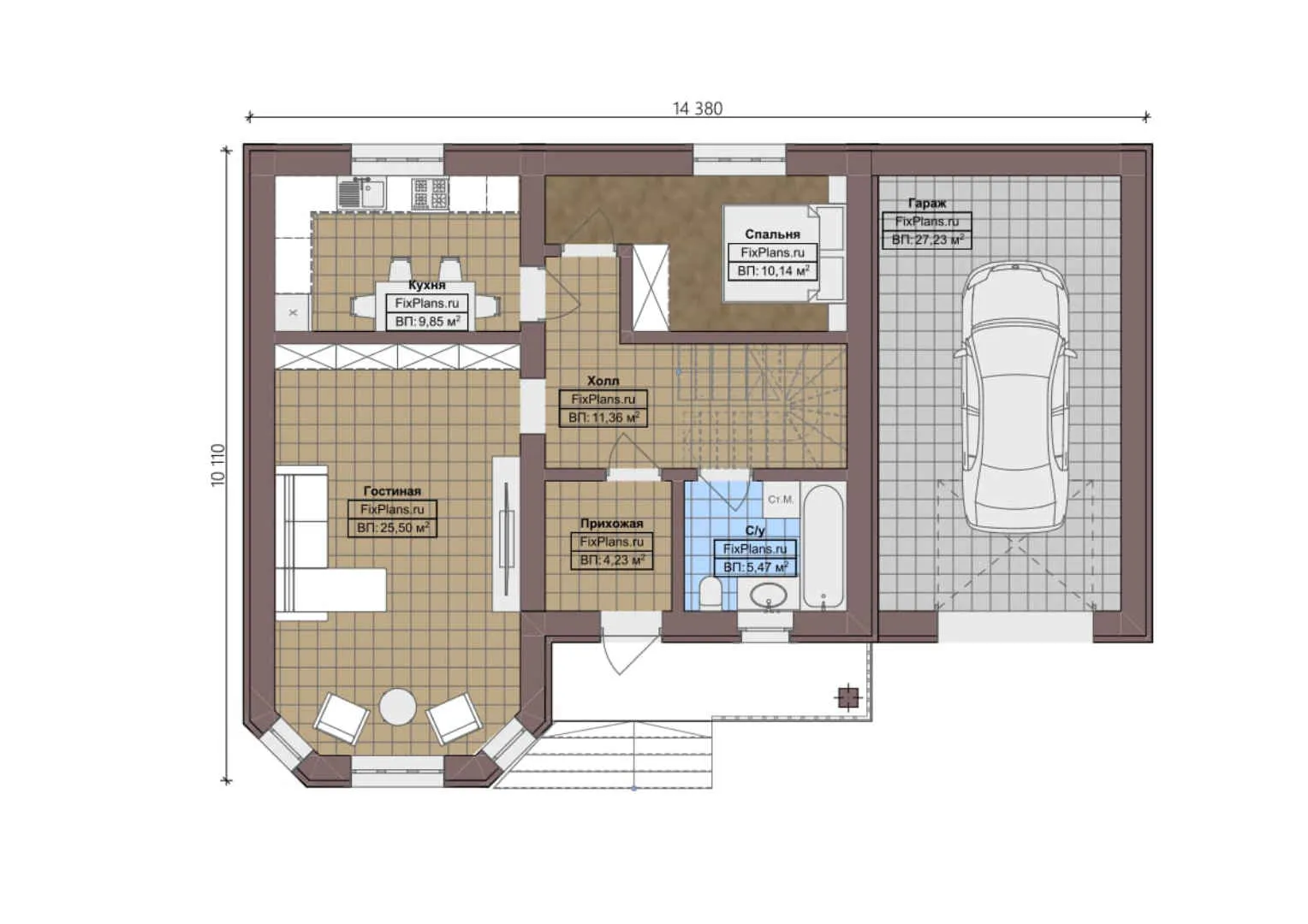 F-0197 - Планы дома с мансардой 11 на 15, площадью 160 м² с балконом, гаражом на 1 машину и 4 спальнями