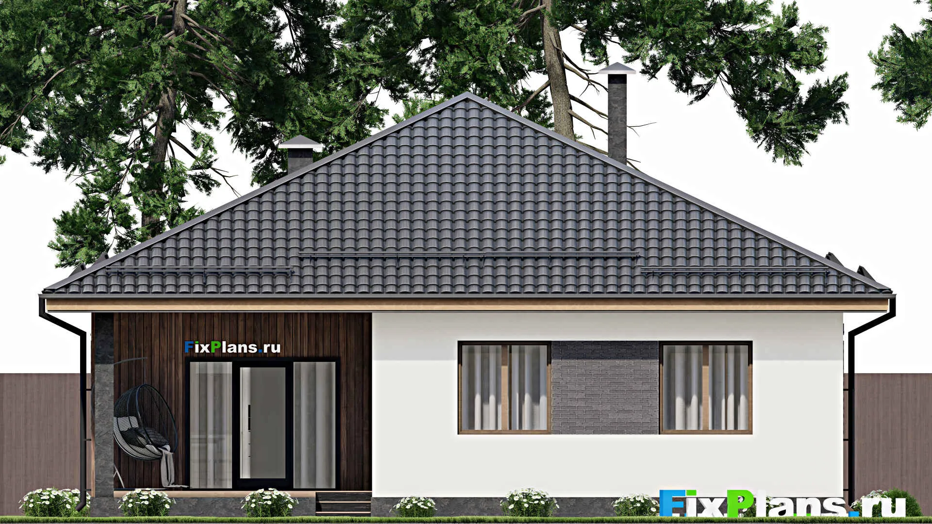 F-4535 - Проект одноэтажного дома 12 на 13, площадью 130 м² с террасой и 3 спальнями