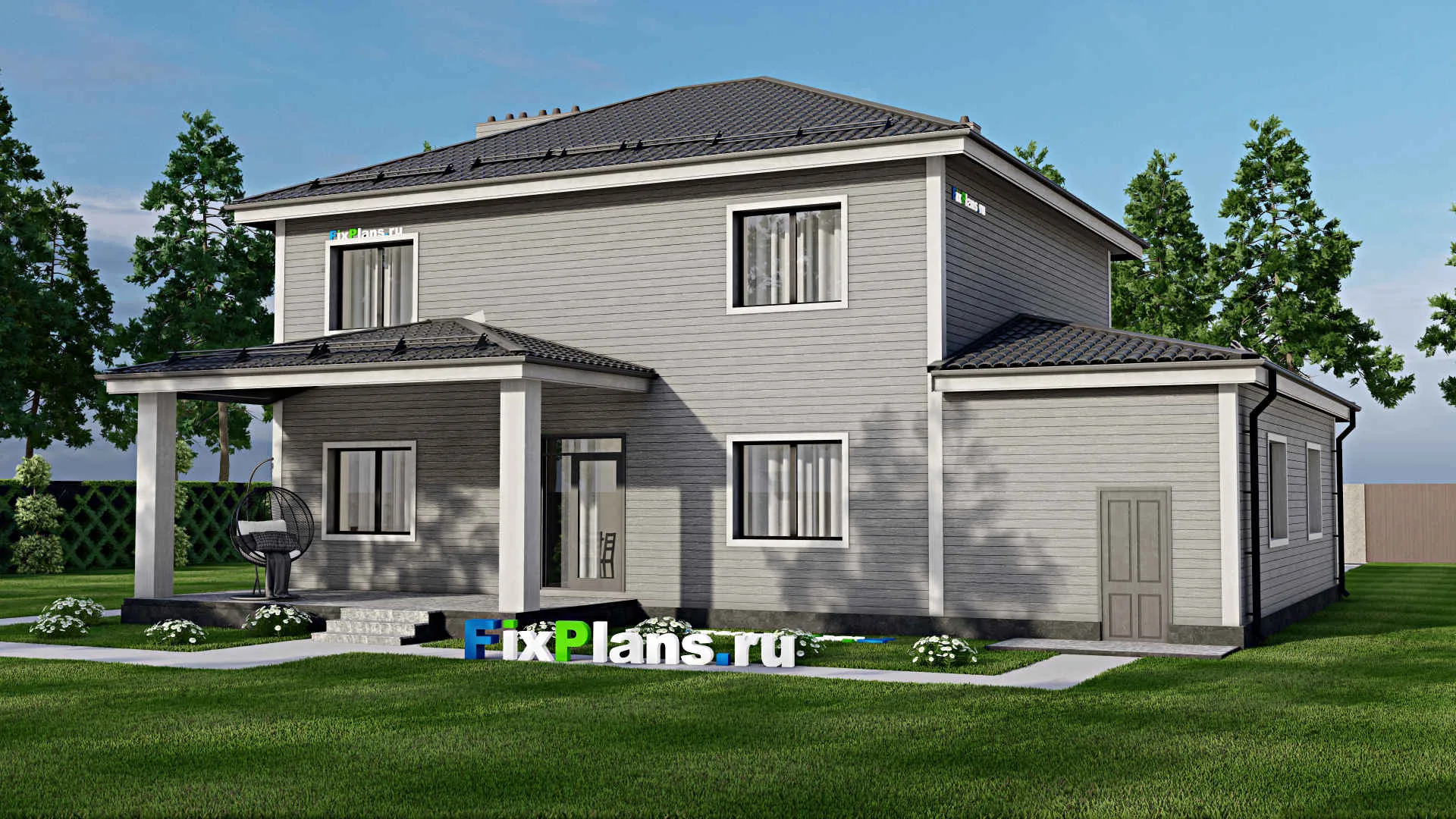 F-5345 - Планы двухэтажного дома 12 на 16, площадью 220 м² с гаражом на 1 машину и 4 спальнями