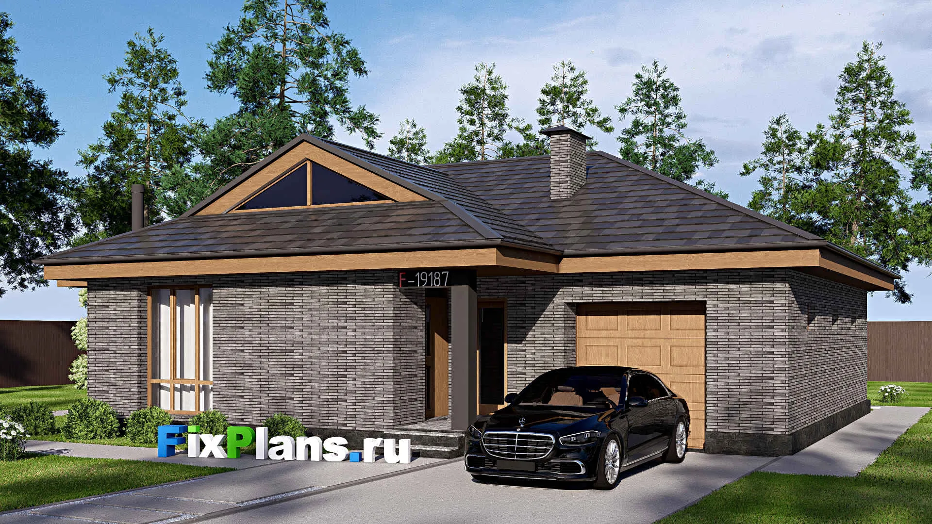 F-19187 - Проект одноэтажного дома 13 на 16, площадью 140 м² с террасой, гаражом на 2 машины и 2 спальнями